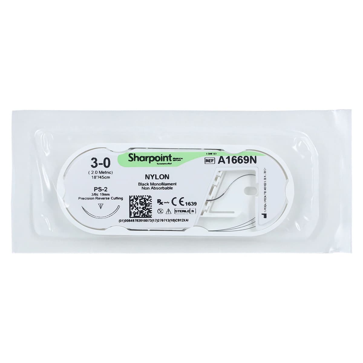 Sharpoint Plus Suture Nylon Monofilament 3-0, 18" (45cm), PS-2 Precision Reverse Cutting Needle 18mm, 3/8 Circle, Black, Non-Absorbable, 12/Box thumbnail 3
