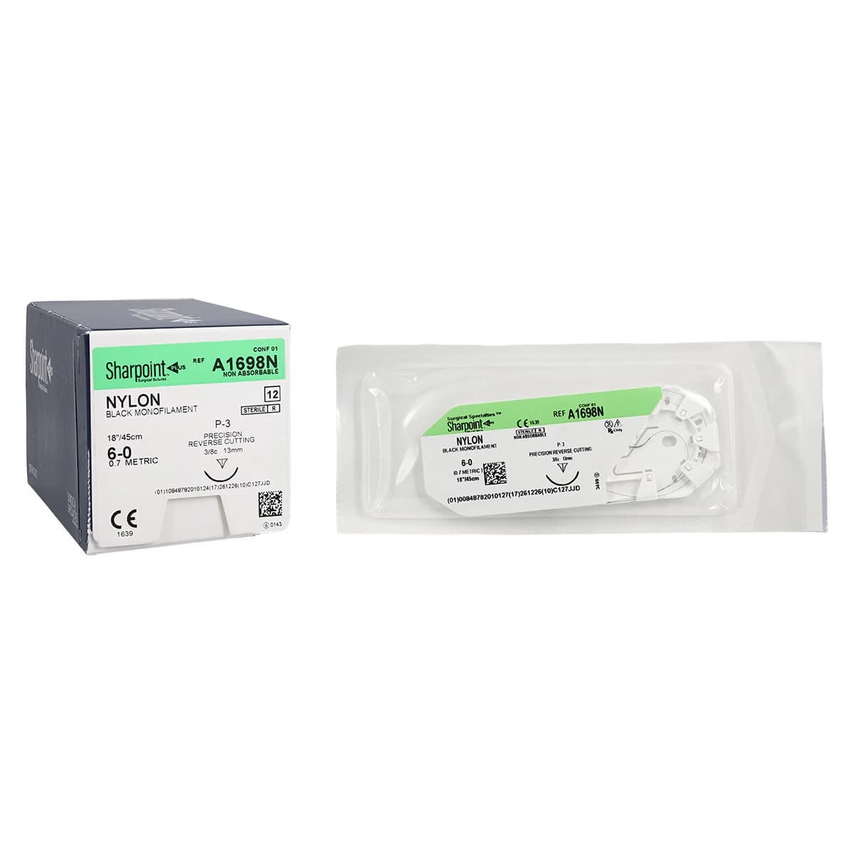 Sharpoint Plus Suture Nylon Monofilament 6-0, 18" (45cm), PS-3 Precision Reverse Cutting 3/8 Circle Needle 13mm, Uncoated Black, 12/Box thumbnail 2