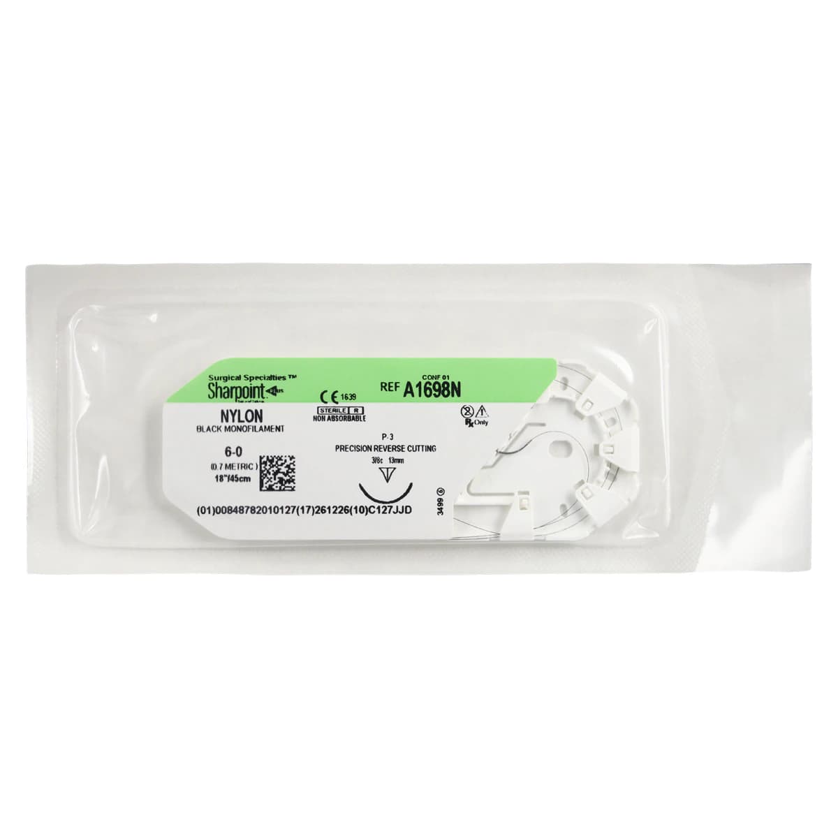 Sharpoint Plus Suture Nylon Monofilament 6-0, 18" (45cm), PS-3 Precision Reverse Cutting 3/8 Circle Needle 13mm, Uncoated Black, 12/Box thumbnail 3