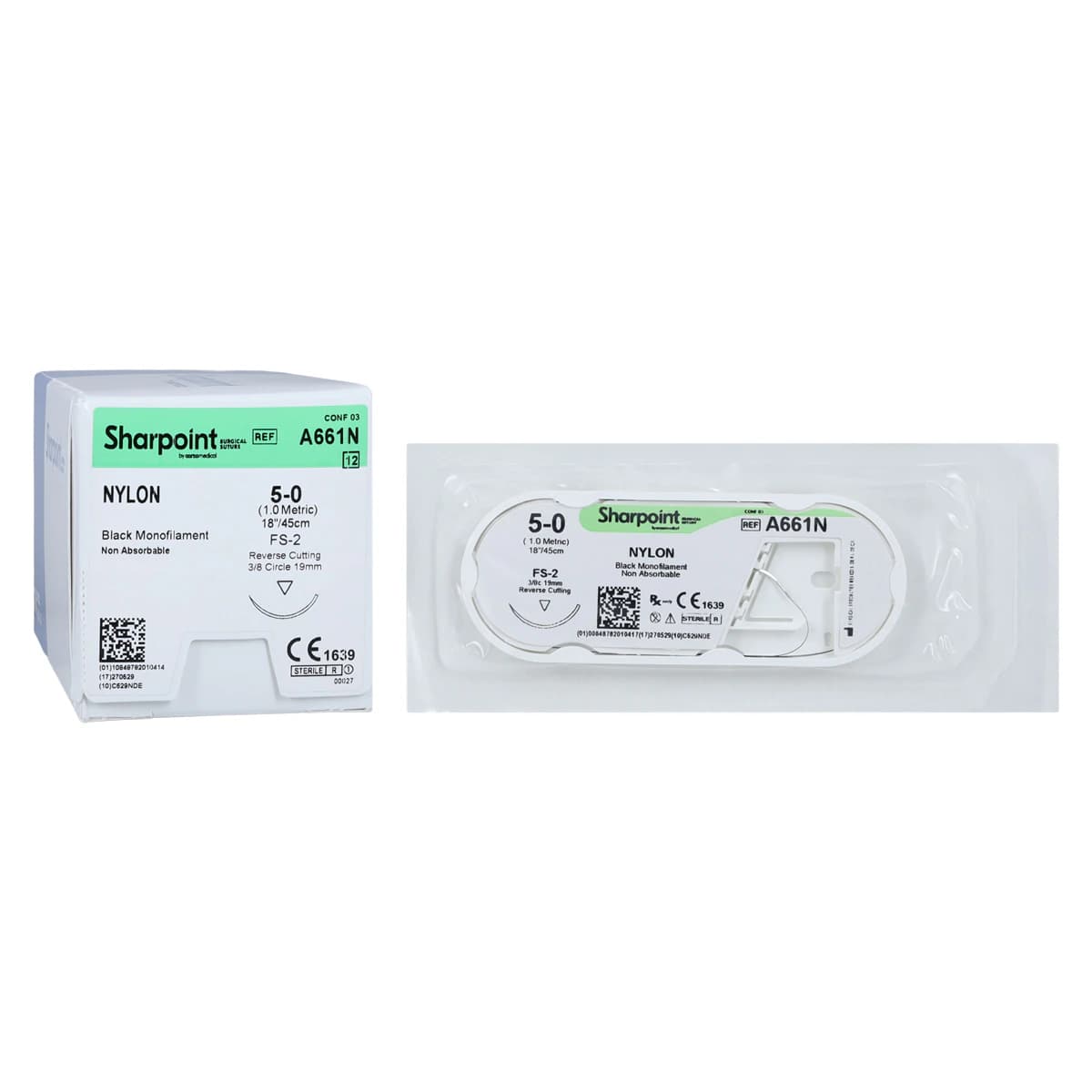 Suture Nylon Monofilament 5-0, 18" (45cm), FS-2 Precision Reverse Cutting 3/8 Circle Needle 19mm, Uncoated Black, 12/Box (DS18/C-6) thumbnail 2