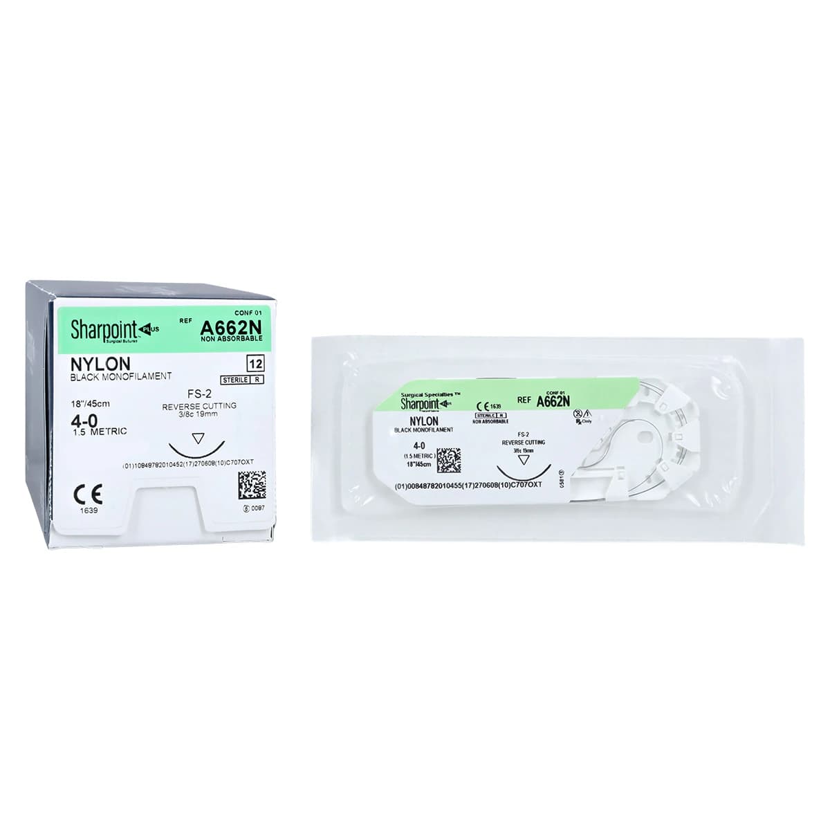 Sharpoint Plus Suture Nylon Monofilament 4-0, 18" (45cm), FS-2 Precision Reverse Cutting 3/8 Circle Needle 19mm, Uncoated Black, 12/Box thumbnail 2