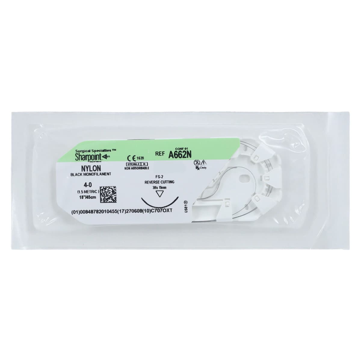 Sharpoint Plus Suture Nylon Monofilament 4-0, 18" (45cm), FS-2 Precision Reverse Cutting 3/8 Circle Needle 19mm, Uncoated Black, 12/Box thumbnail 3