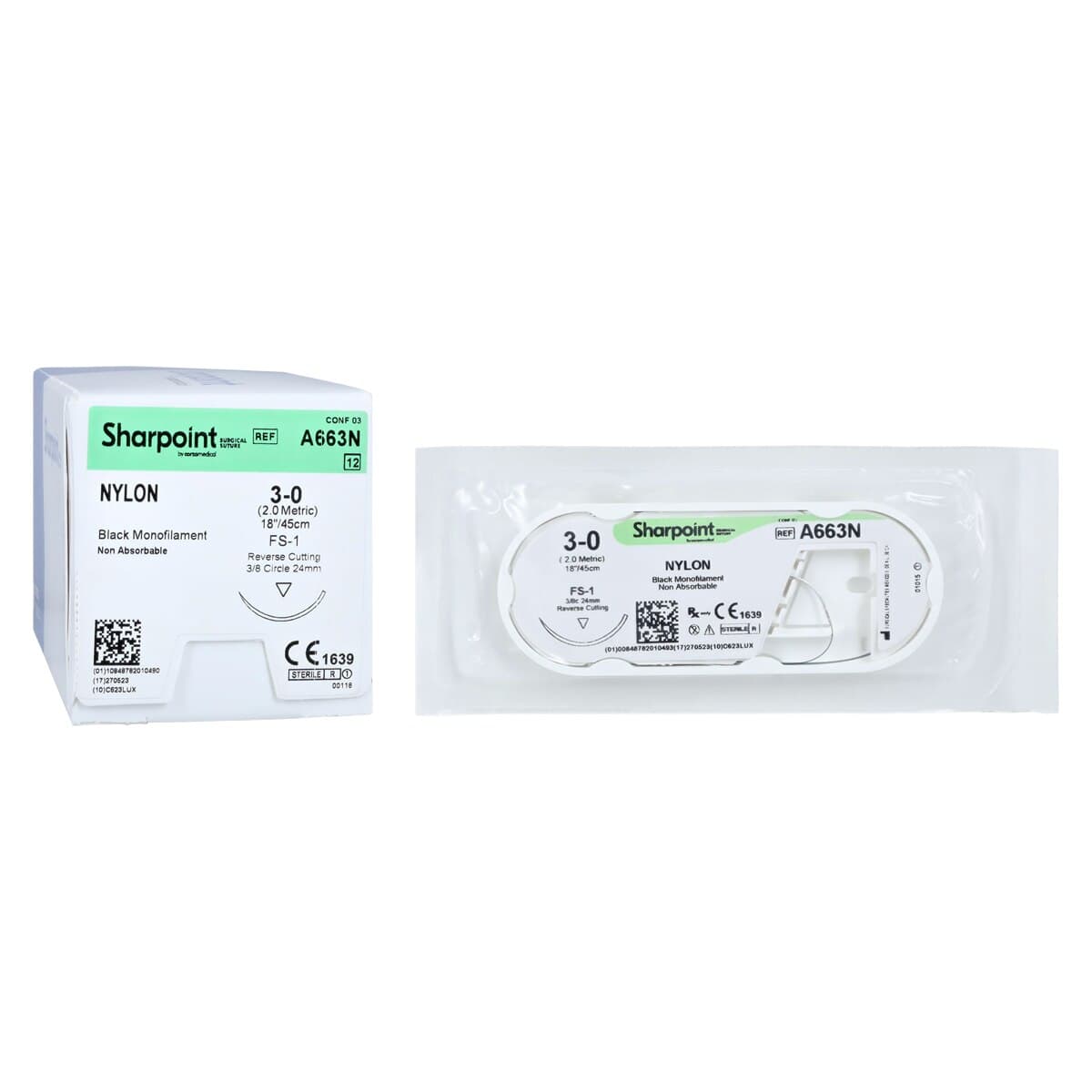 Sharpoint Plus Suture Nylon Monofilament 3-0, 18" (45cm), FS-1 Reverse Cutting 3/8 Circle Needle 24mm, Uncoated Black, 12/Box thumbnail 2