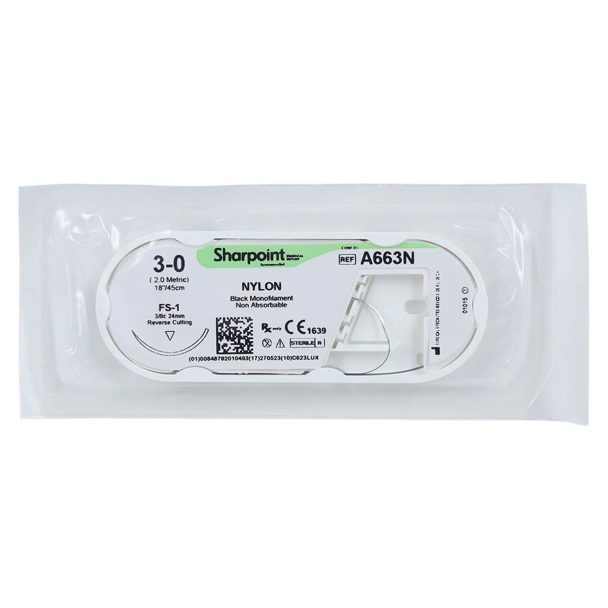 Sharpoint Plus Suture Nylon Monofilament 3-0, 18" (45cm), FS-1 Reverse Cutting 3/8 Circle Needle 24mm, Uncoated Black, 12/Box thumbnail 3