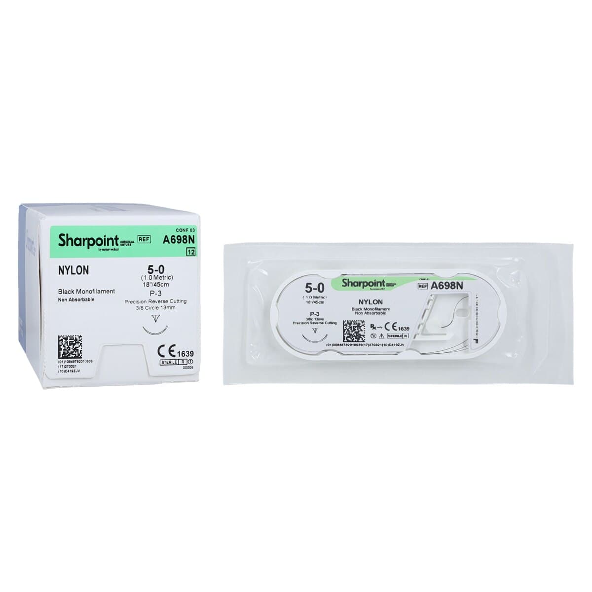Sharpoint Plus Suture Nylon Monofilament 5-0, 18" (45cm), Non-Absorbable, Precision Reverse Cutting 3/8 Circle Needle 13mm, Uncoated Black, 12/Box, DSM13/C-3 thumbnail 2