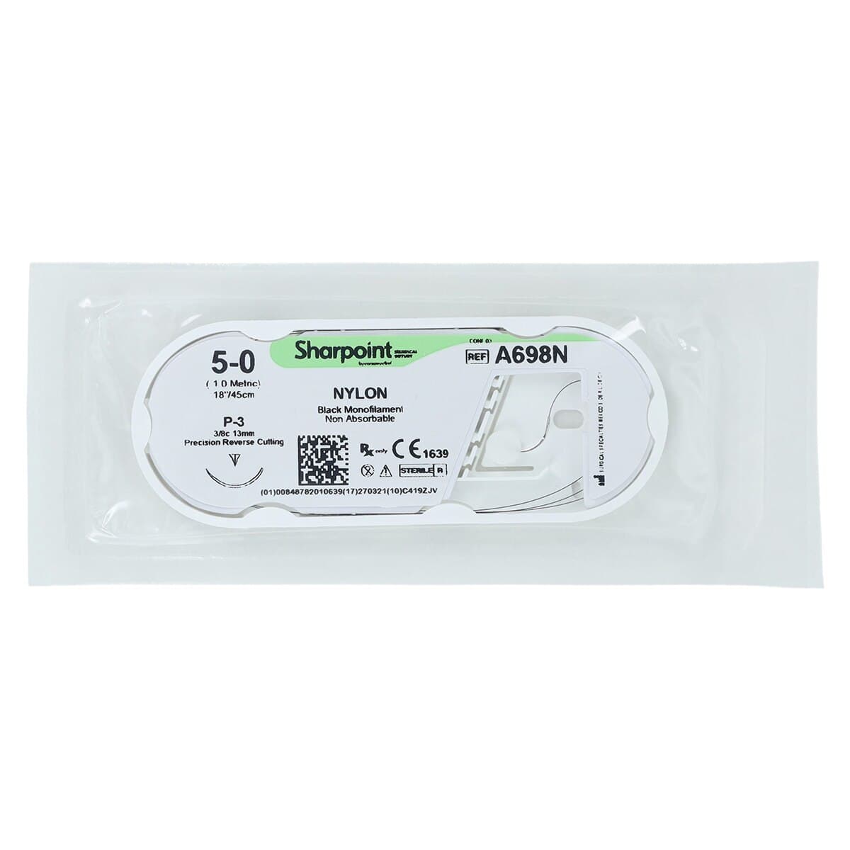 Sharpoint Plus Suture Nylon Monofilament 5-0, 18" (45cm), Non-Absorbable, Precision Reverse Cutting 3/8 Circle Needle 13mm, Uncoated Black, 12/Box, DSM13/C-3 thumbnail 3