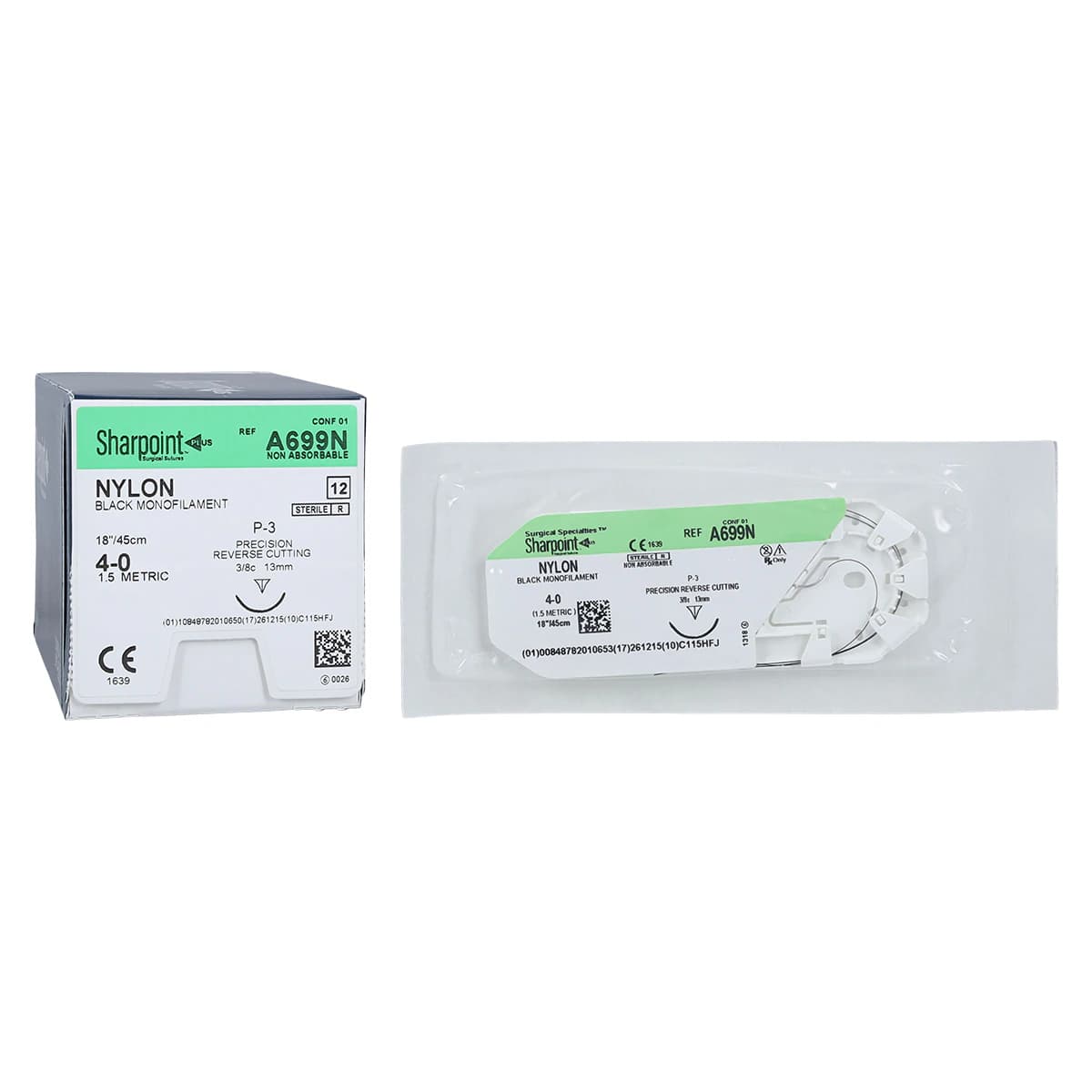 Sharpoint Plus Suture Nylon Monofilament 4-0, 18" (45cm), P-3 Precision Reverse Cutting, 3/8 Circle Needle, 13mm, Black, Uncoated, 12/Bx, DSM13/C-3 - Suture Nylon Dsm13/C-3 - Image 1