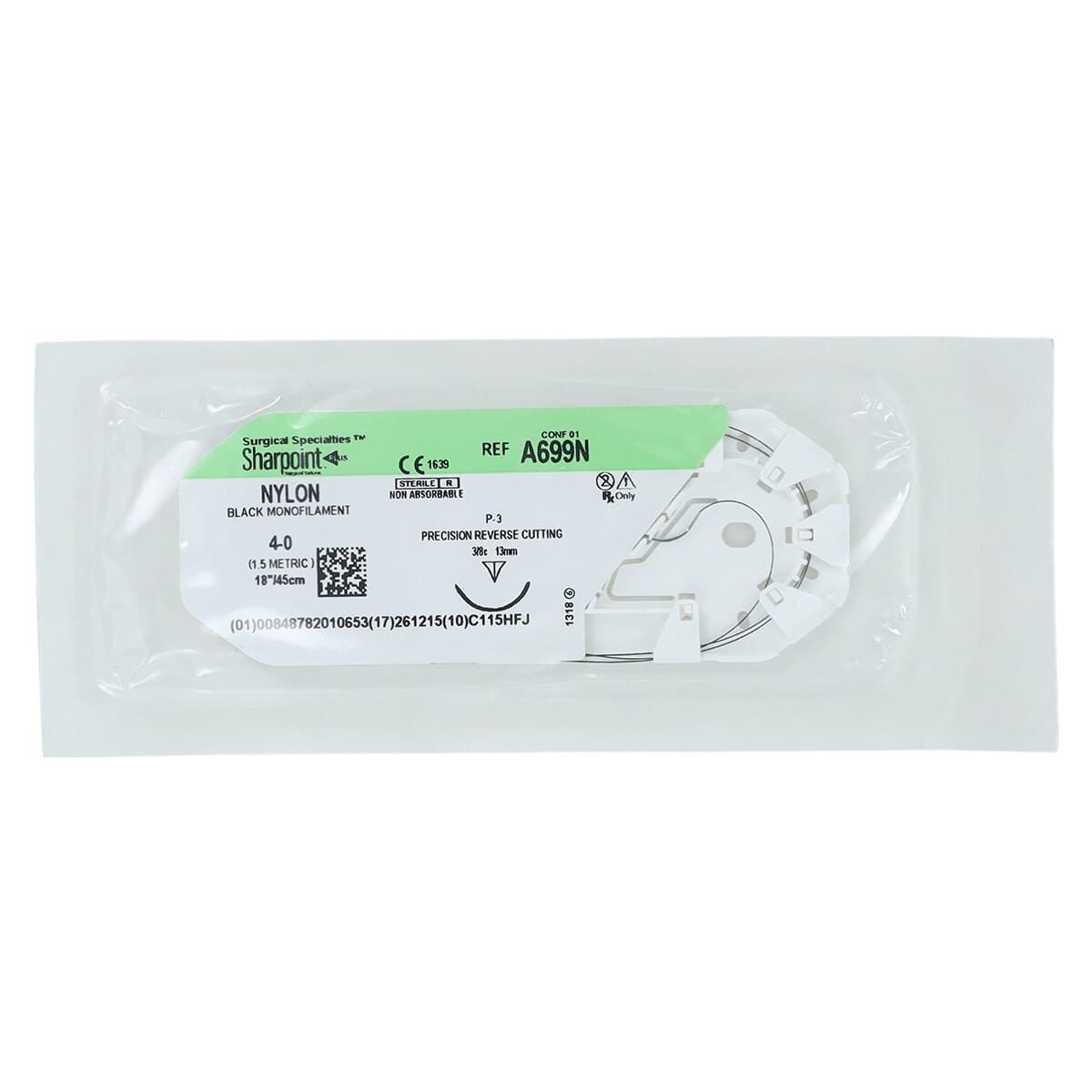 Sharpoint Plus Suture Nylon Monofilament 4-0, 18" (45cm), P-3 Precision Reverse Cutting, 3/8 Circle Needle, 13mm, Black, Uncoated, 12/Bx, DSM13/C-3 thumbnail 3