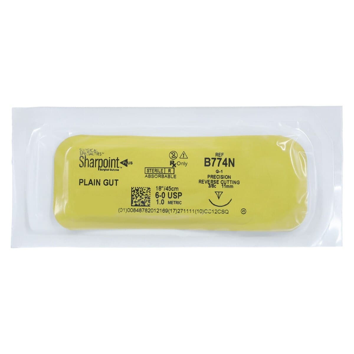 Sharpoint Plus Plain Gut Suture, 6-0, 18" Monofilament, Absorbable, DSM11, Precision Reverse Cutting 3/8 Circle Needle 11mm, Uncoated Beige, 12/Box thumbnail 3