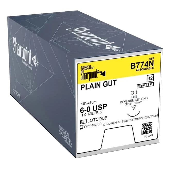 Sharpoint Plus Plain Gut Suture, 6-0, 18" Monofilament, Absorbable, DSM11, Precision Reverse Cutting 3/8 Circle Needle 11mm, Uncoated Beige, 12/Box - Suture Surgical Gut Dsm11 - Image 1