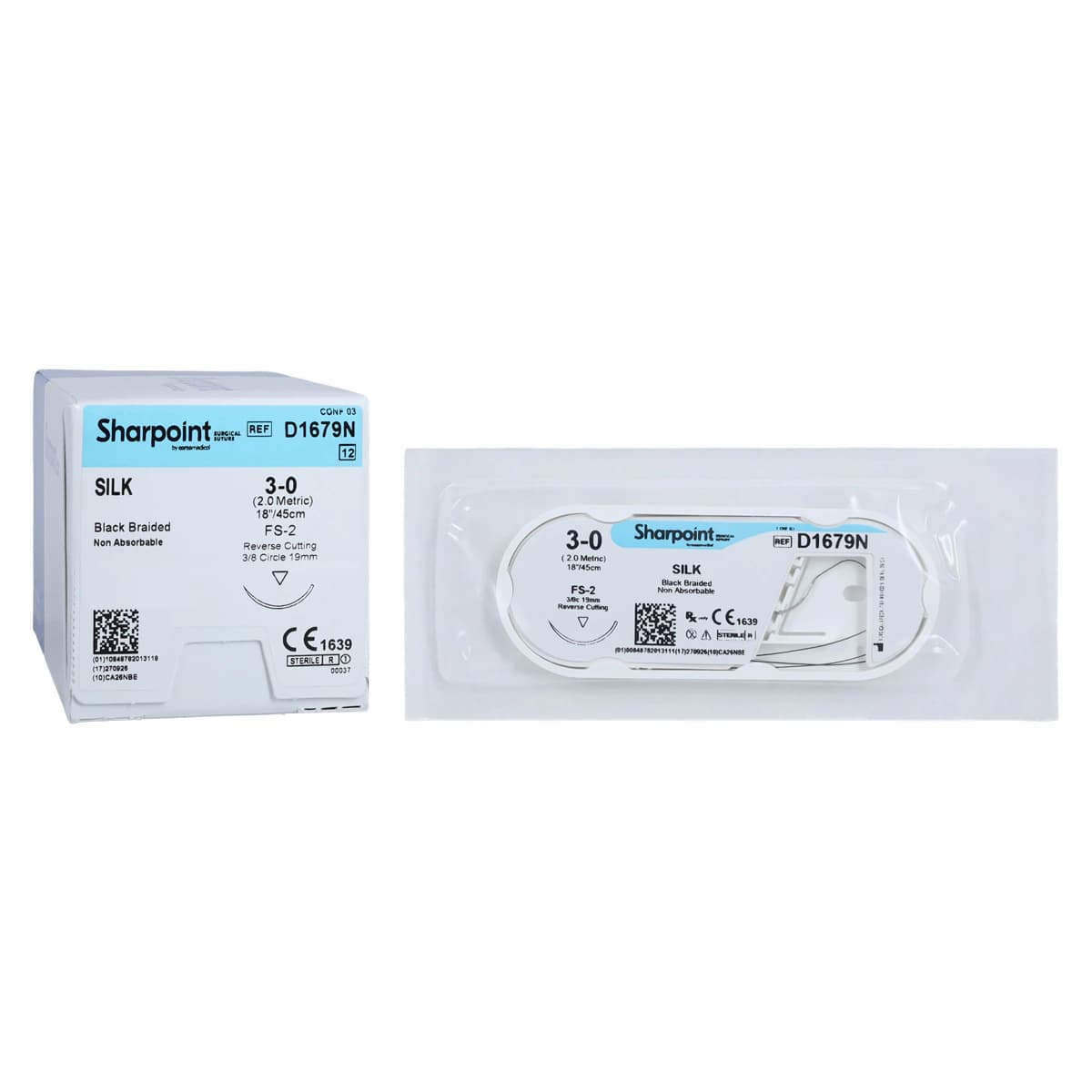 Suture Silk Black Braided DS18, 3-0, 18" Precision Reverse Cutting, 3/8 Circle Needle, 18mm, 12/Box thumbnail 2
