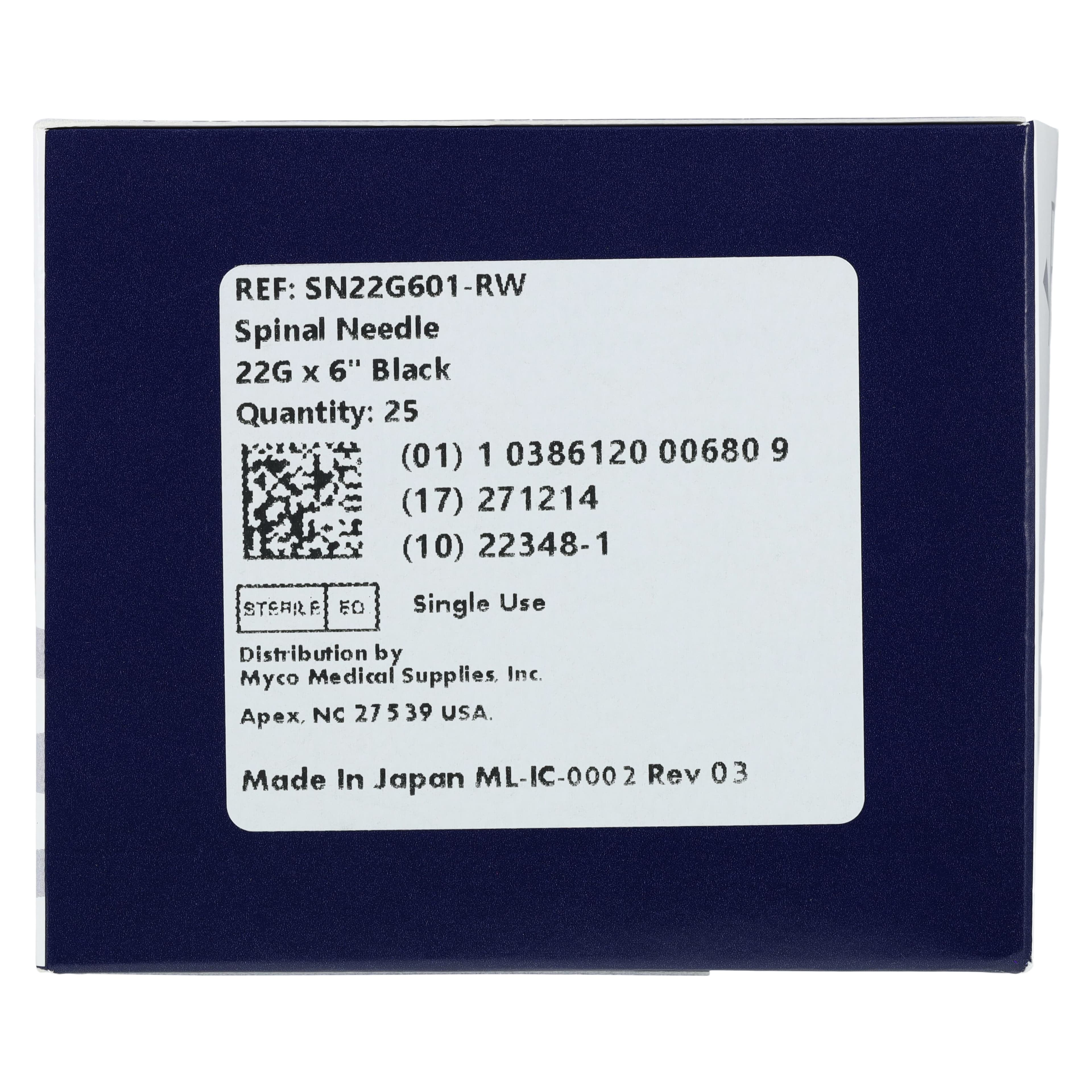 Myco Medical Reli Quincke Point Spinal Needle, 22G x 6", Sterile, Black Hub, 25/Bx, SN22G601-RW thumbnail 4