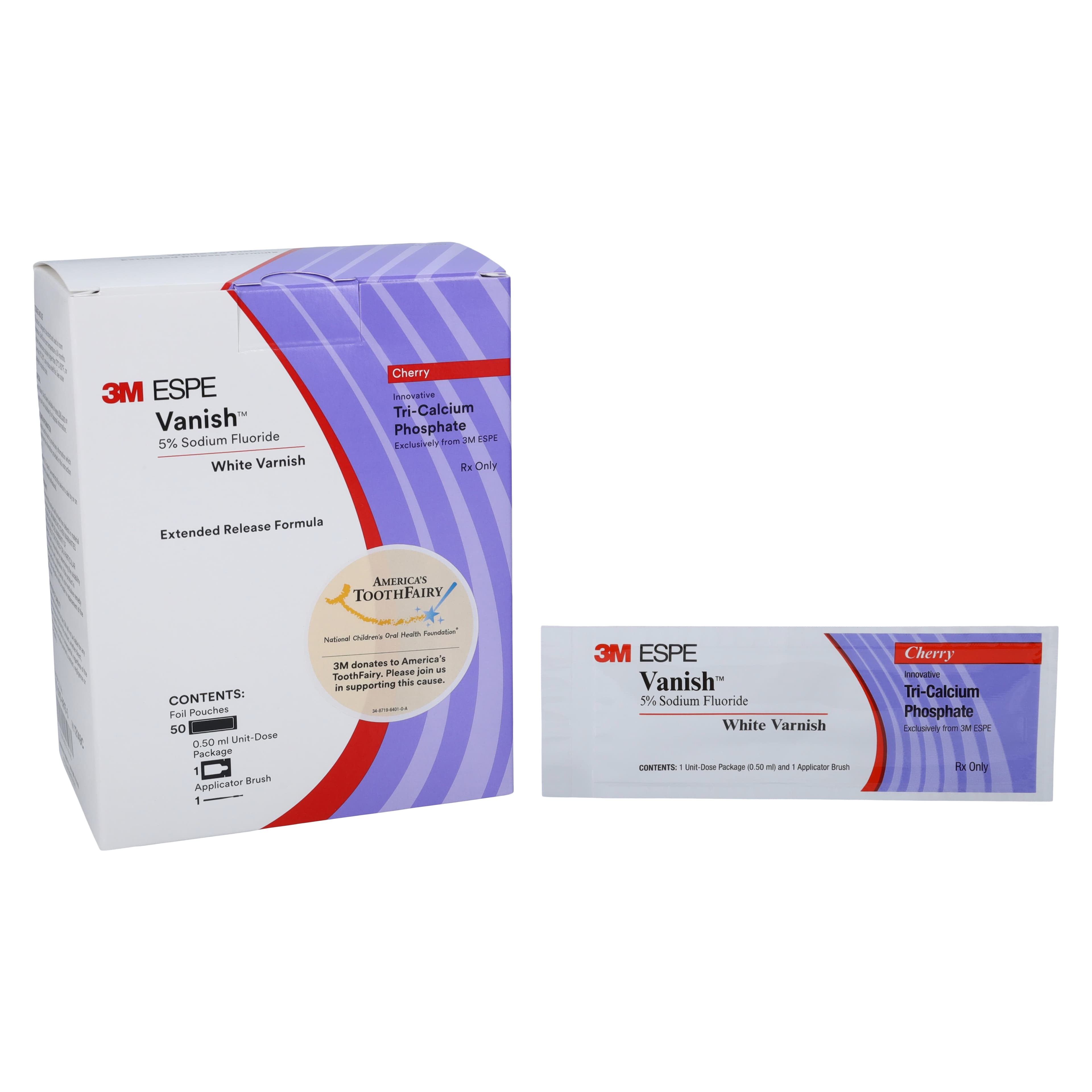 3M Vanish 5% Sodium Fluoride White Varnish with Tri-Calcium Phosphate, Cherry Flavor, 0.5 mL Unit Dose, 50/Box, 12149C - 3M Vanish 5% NaF Varnish w/TCP Cherry 50Pk - Image 1