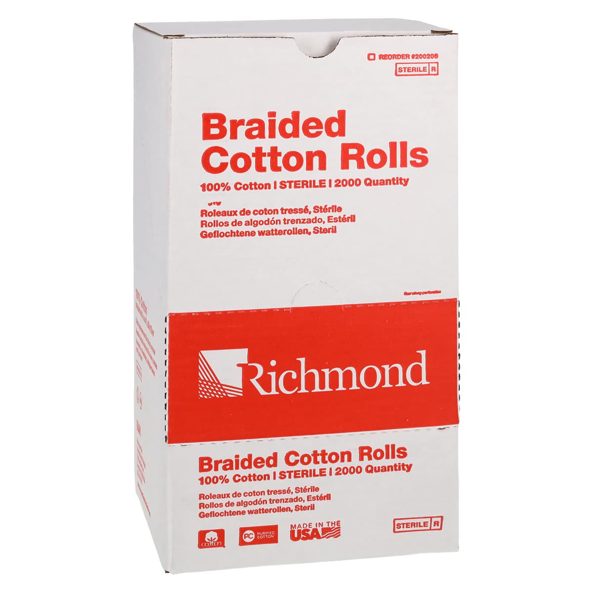 Richmond Braided Cotton Rolls, Sterile, Medium, 3/8" x 1 1/2", 2000/Box, 200206 - Braided Cotton Rolls, Sterile, Medium, 3/8" x 1 1/2", 2000/Pk, 200206 - Image 1