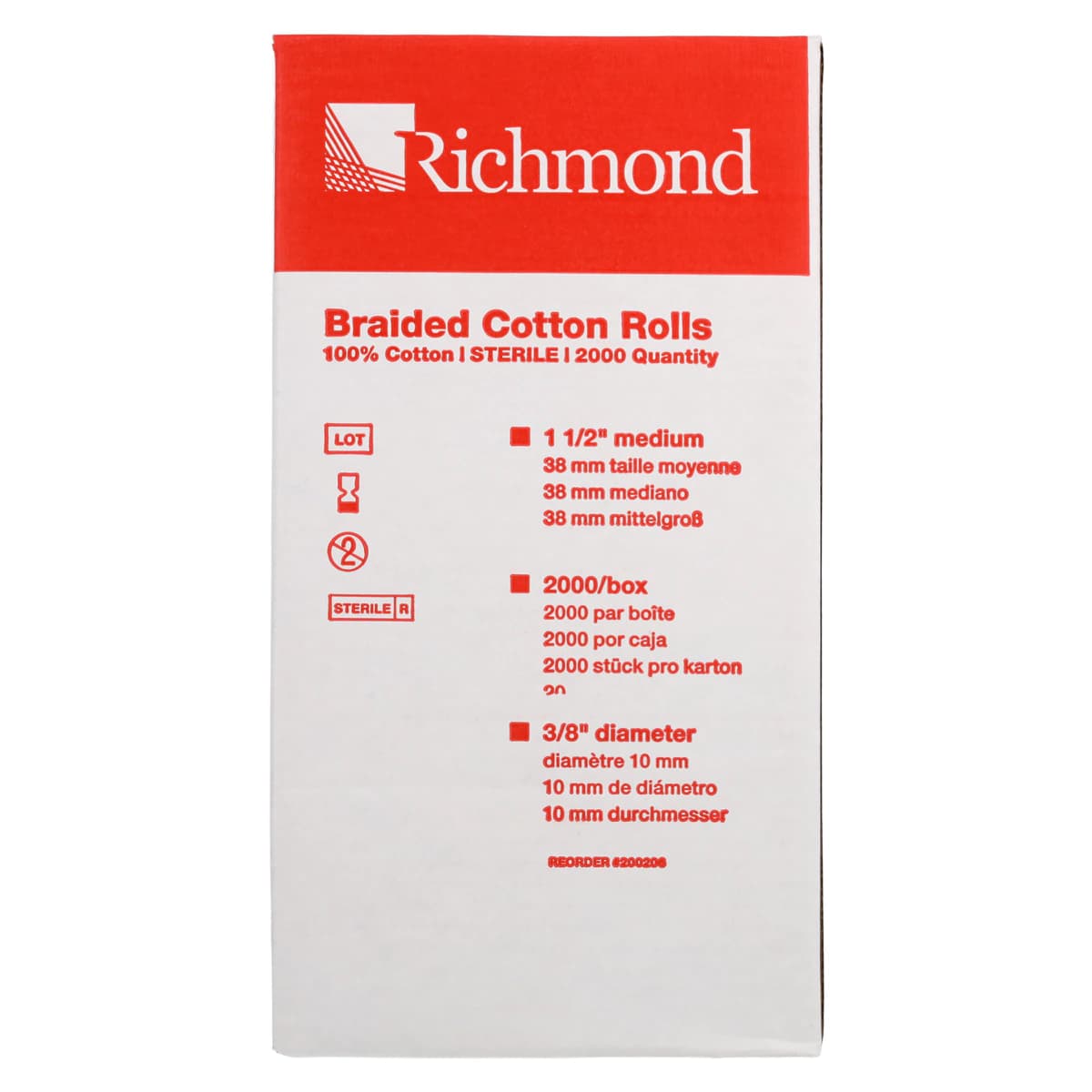 Richmond Braided Cotton Rolls, Sterile, Medium, 3/8" x 1 1/2", 2000/Box, 200206 thumbnail 2