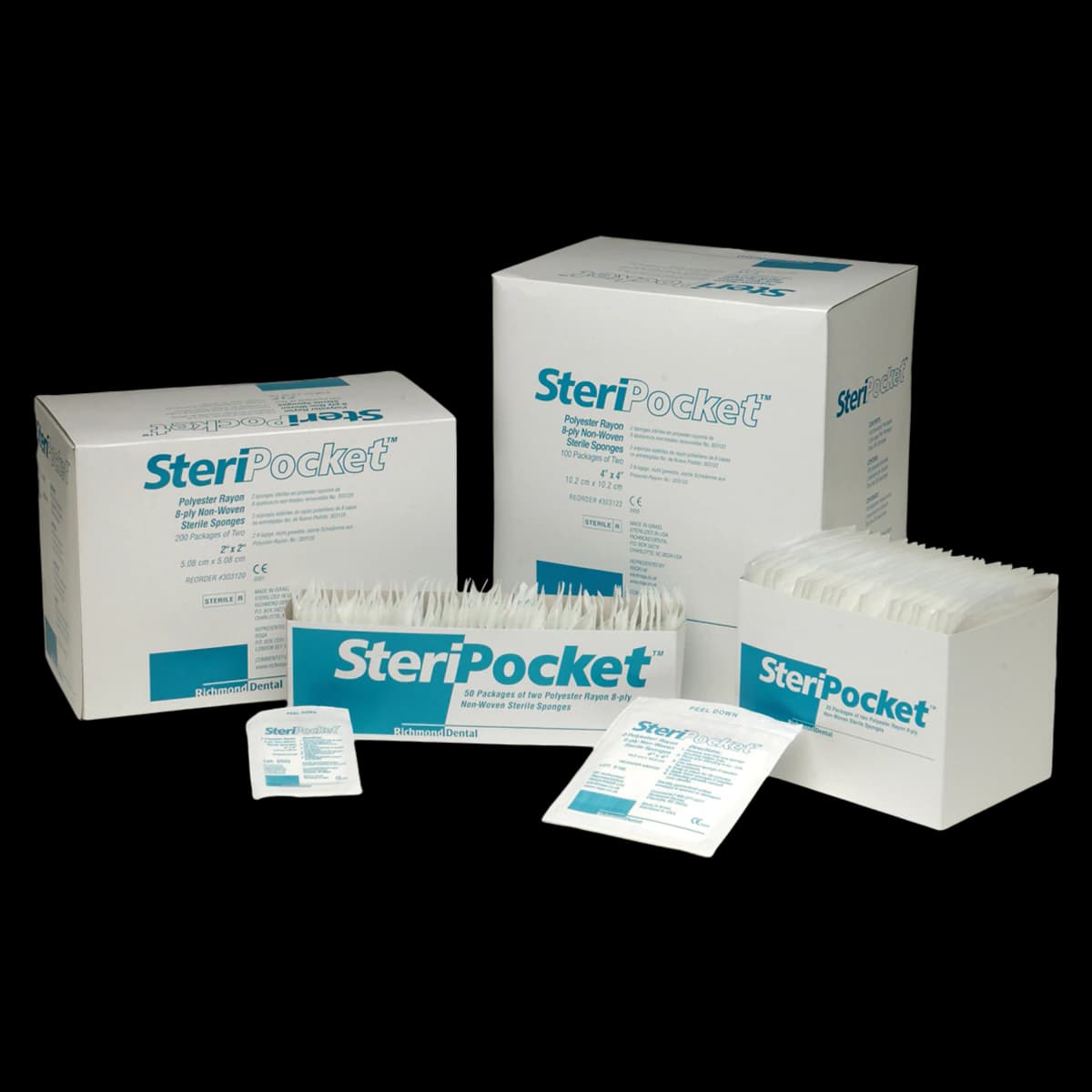 Richmond SteriPocket Rayon/Poly Non-Woven Sponges, Sterile, 8-Ply, 4" x 4", 2/Pk, 100 Pk/Box, 303122 - SteriPocket Rayon/Poly Non-Woven Sponges, Sterile, 8-Ply, 4" x 4", 100/Box x 2/Pk - Image 1