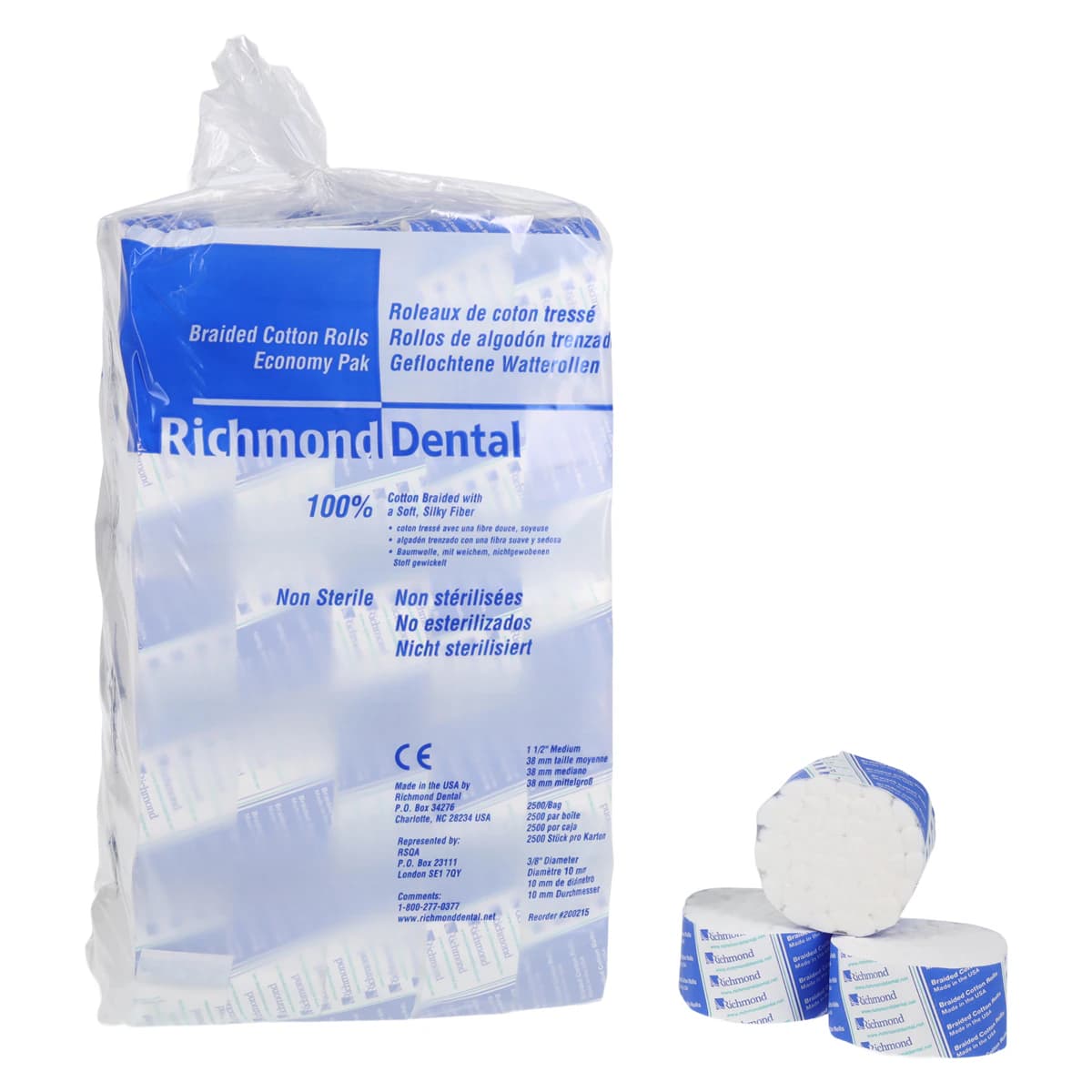 Richmond Braided Cotton Rolls, Medium, 1.5" x 3/8", Non-Sterile, Economy Pack, 10,000/Bx - Braided Cotton Rolls Economy Pack - Image 1