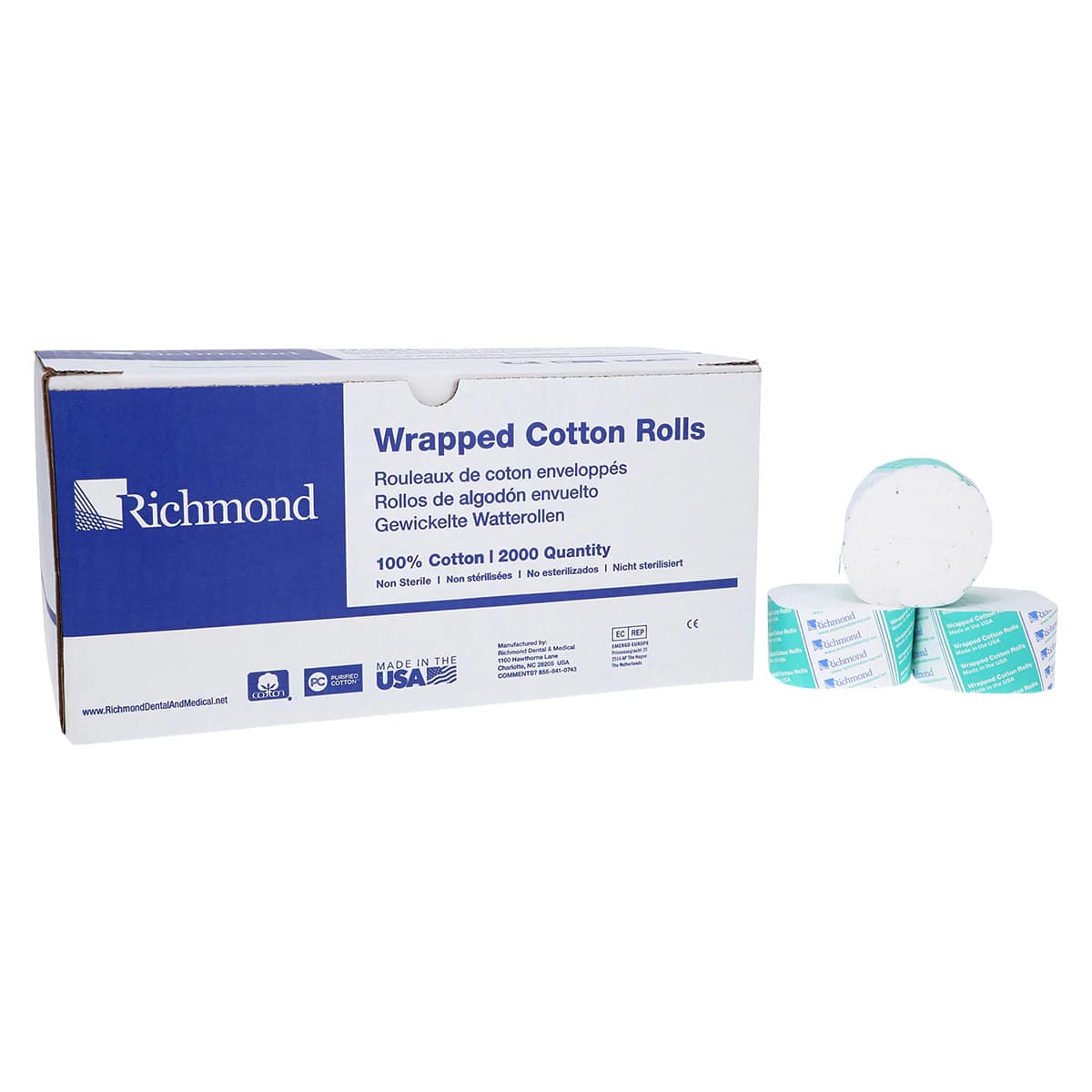 Richmond Wrapped Cotton Rolls, #2 Medium, 1-1/2" x 3/8", Non-Sterile, 2000/Box, 200404 - Cotton Rolls Wrapped 1.5" x 3/8" Medium N/S 2000/Bx - Image 1