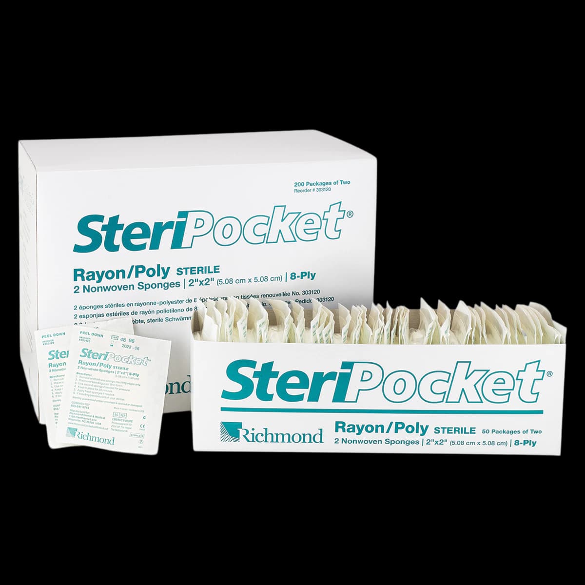 Richmond Dental SteriPocket Rayon/Poly Non-Woven Sponges, Sterile, 8-Ply, 2" x 2", 2/Pk, 200 Packs/Box, 303120 - SteriPocket Rayon/Poly Non-Woven Sponges, Sterile, 8-Ply, 2" x 2", 200/Box x 2/Pk - Image 1