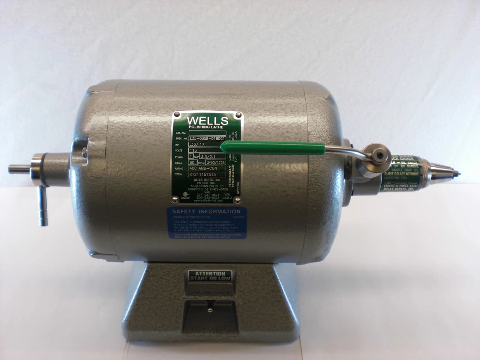 Wells Dental Lathe with Quick Chuck, 1/3 HP, 115V - Lathe & Quick Chuck 1/3hp - Image 1