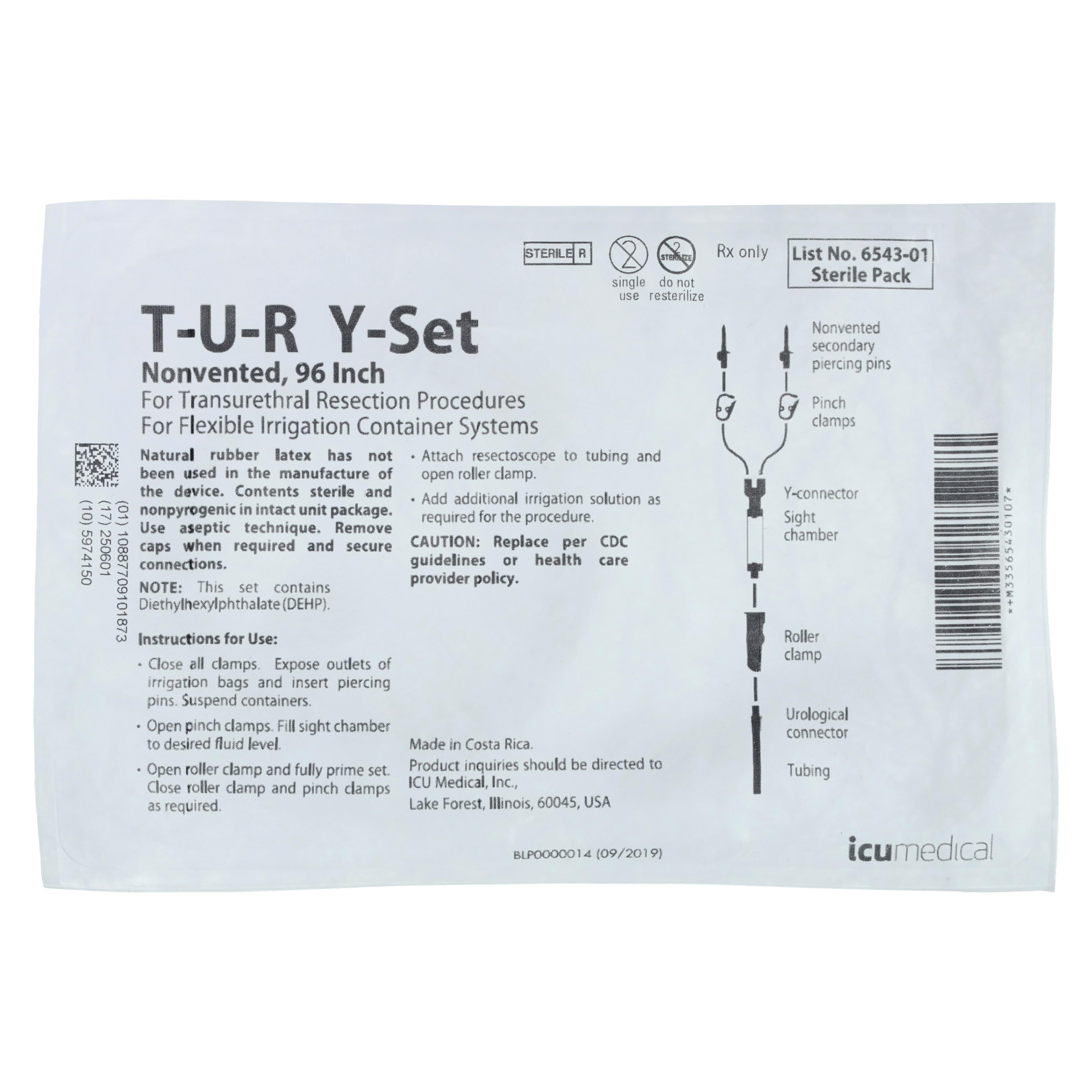 ICU Medical Cysto/T.U.R. Irrigation Set, Y-Connector, Injection Site, Priming Volume 85mL, 98" Tubing, Urological Connector, Pinch/Roller Clamp, 2 Non-Vented Piercing Pins, Sterile, 20/Case thumbnail 3