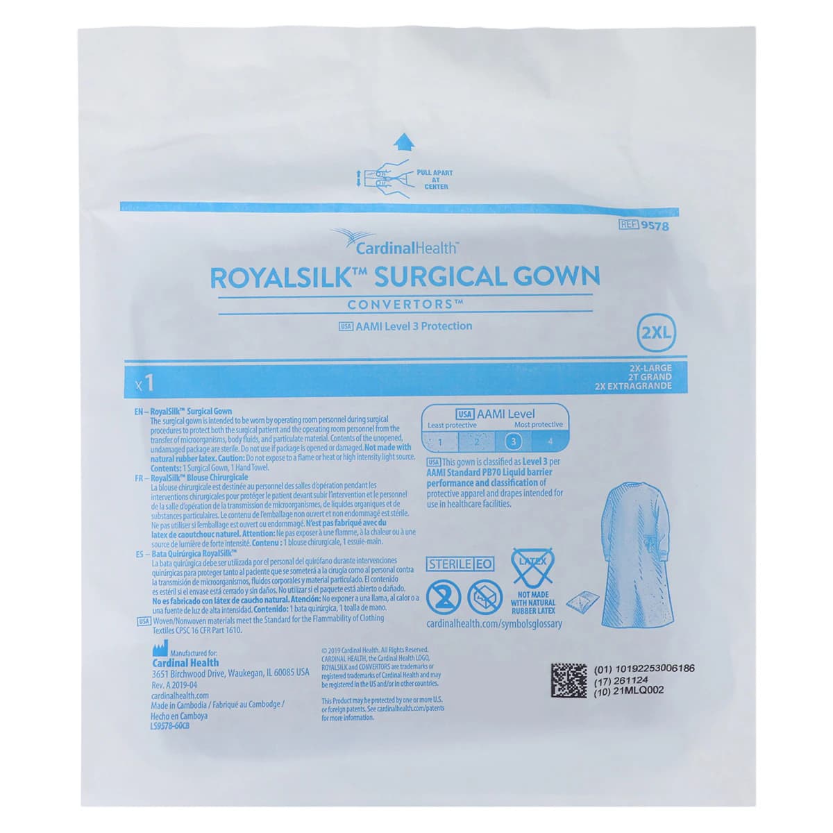 Cardinal RoyalSilk Non-Reinforced Surgical Gown, AAMI Level 3, Standard/2X-Large, Blue, Sterile, Knit Cuff, 18/Case thumbnail 6
