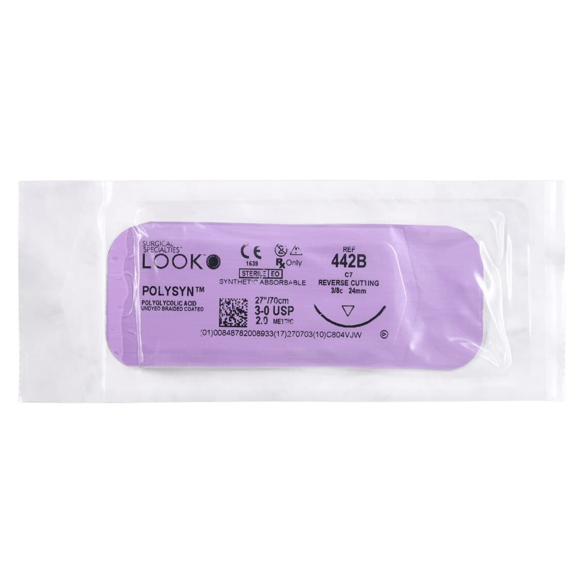 Look PolySyn Polyglycolic Acid (PGA) Absorbable Braided Suture, Undyed, Coated, 3-0, 27"/70 cm, C-7 Reverse Cutting Needle 24 mm 3/8 Circle, 12/Box, 442B thumbnail 3