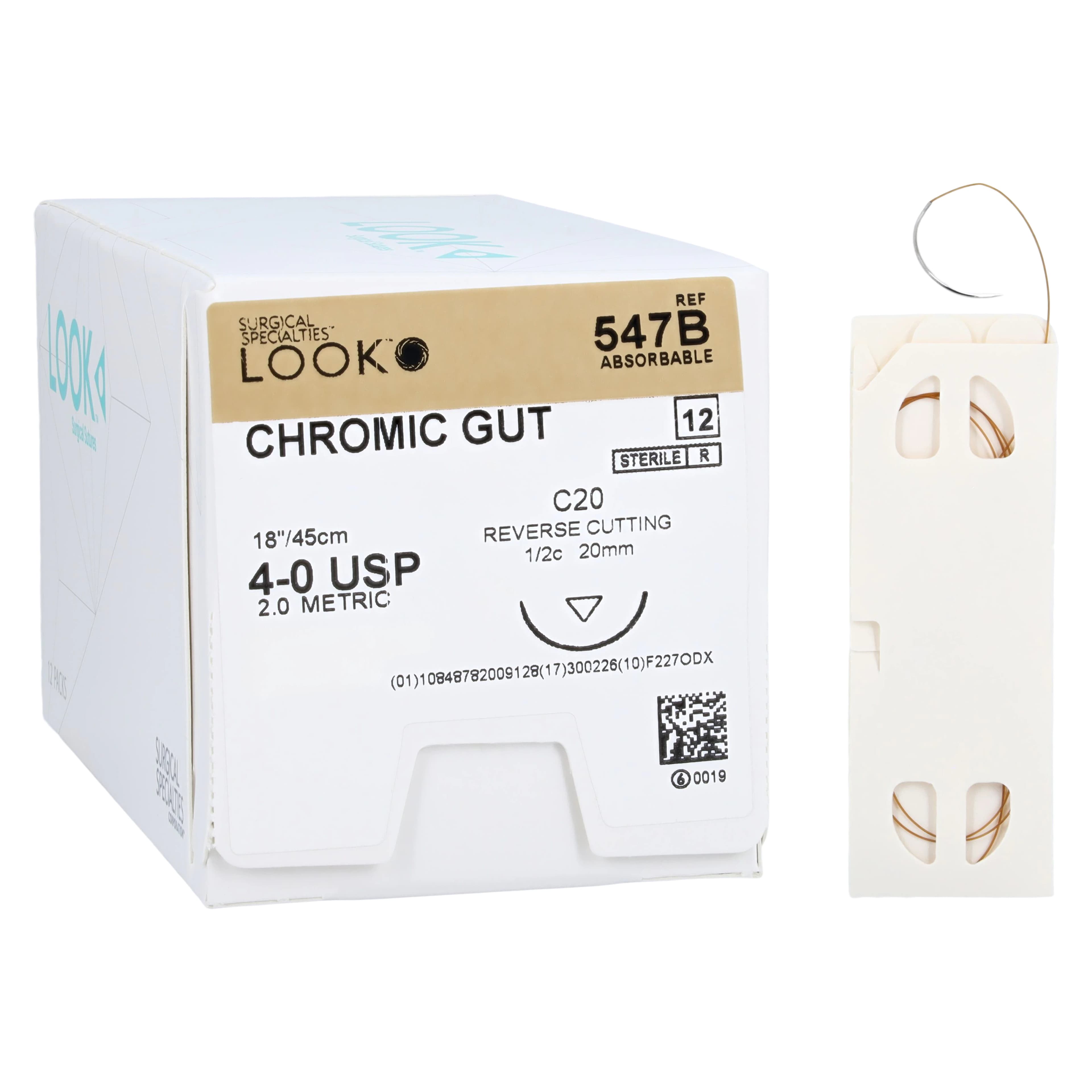 Look 547B Chromic Gut Absorbable Suture, 4-0, 30" (45cm), Reverse-Cutting C-20 Needle, 1/2 Circle, 20mm, 12/Bx - Surgical Specialties - Look Suture 4/0 Chromic Gut 18/45cm C20 20mm 1/2 Circle - Image 1