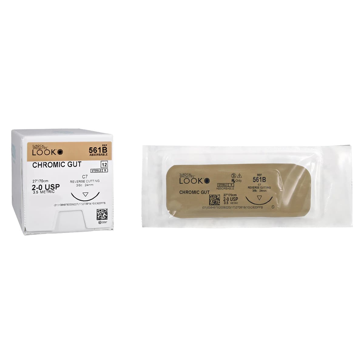 Look Chromic Gut Absorbable Surgical Suture, 2-0, 27"/70 cm, C-7 Reverse Cutting Needle, 3/8 Circle, 24mm, Undyed Beige, 12/Pk, 561B thumbnail 2