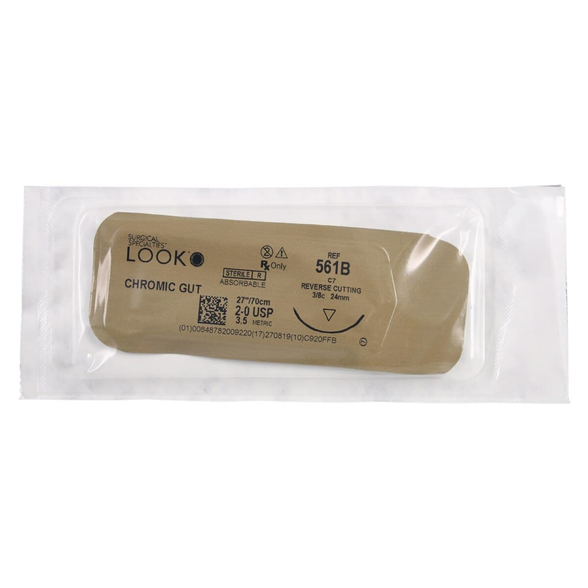Look Chromic Gut Absorbable Surgical Suture, 2-0, 27"/70 cm, C-7 Reverse Cutting Needle, 3/8 Circle, 24mm, Undyed Beige, 12/Pk, 561B thumbnail 3