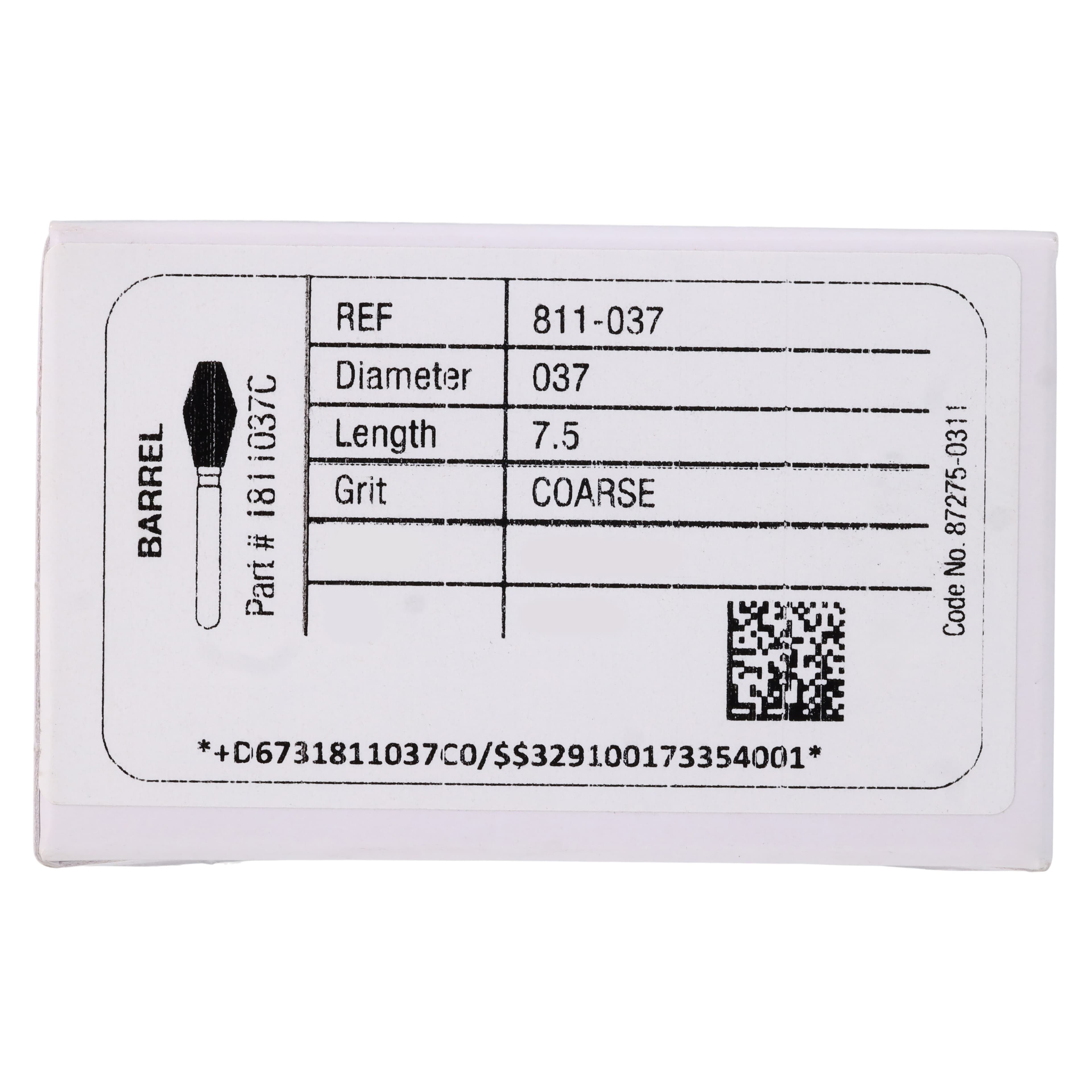 Midwest Once Single Use Diamond Bur – FG, Coarse, Barrel, #811-037C, 3.7 mm Diameter, 7.5 mm Length, 25/Pkg, 1811037C thumbnail 5
