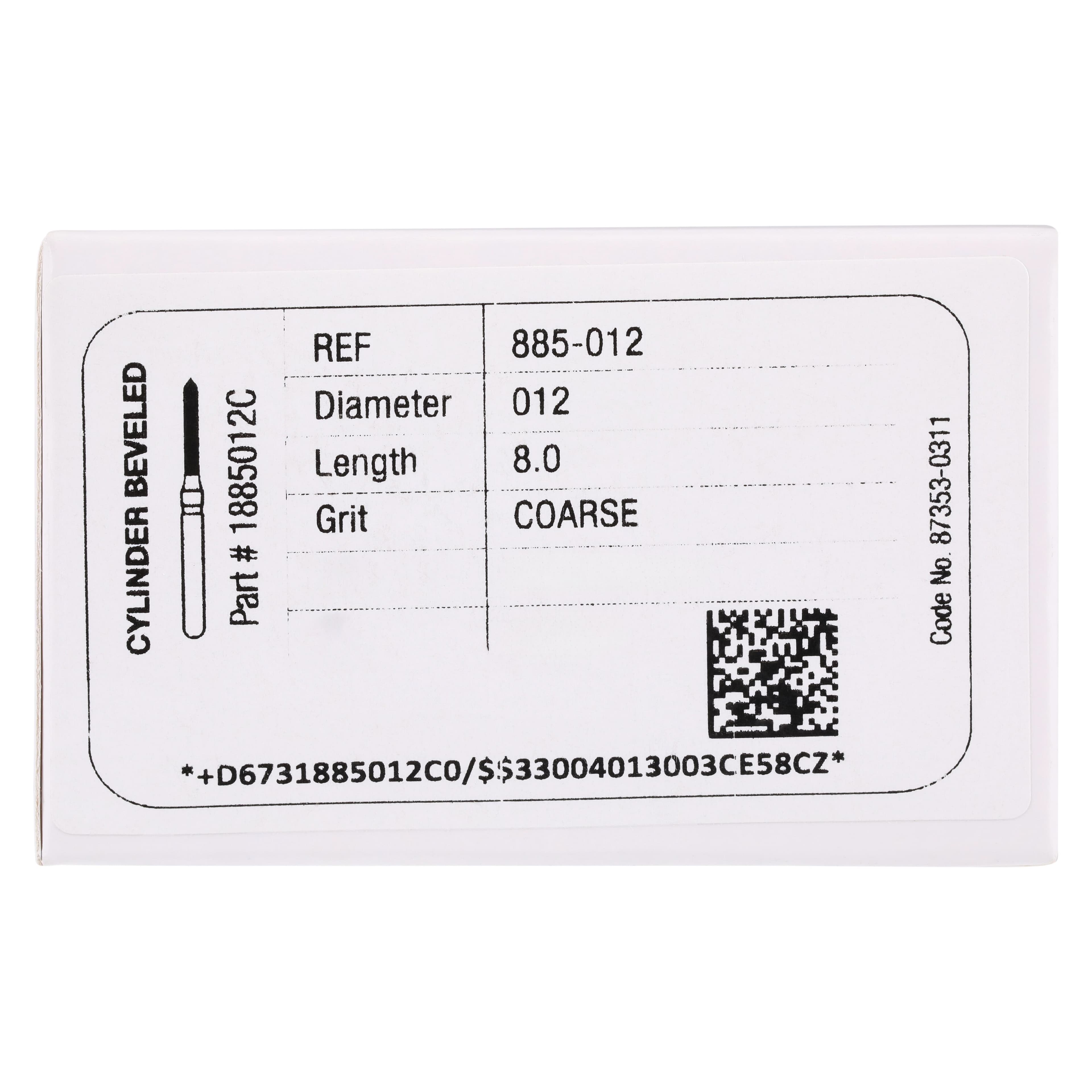Midwest Once Single Use Diamond Bur – FG, Coarse, Cylinder Bevel End, #885, 1.2 mm Diameter, 8.0 mm Length, 25/Pkg, 1885012C thumbnail 7