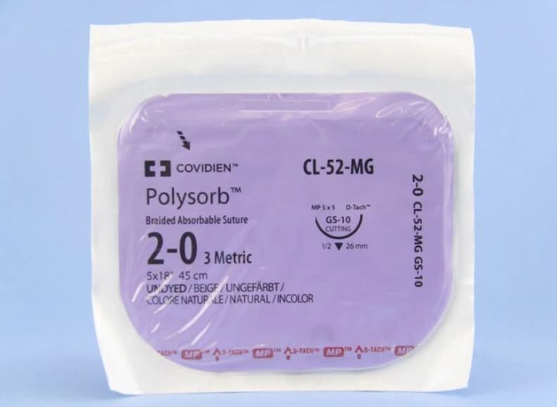 Medtronic Polysorb Absorbable Suture, 2-0, 18" Polyester Braid, GS-10 Reverse Cutting 1/2 Circle Needle 26mm, Undyed, 12/Case - Suture Polysorb Undyed GS-10 - Image 1