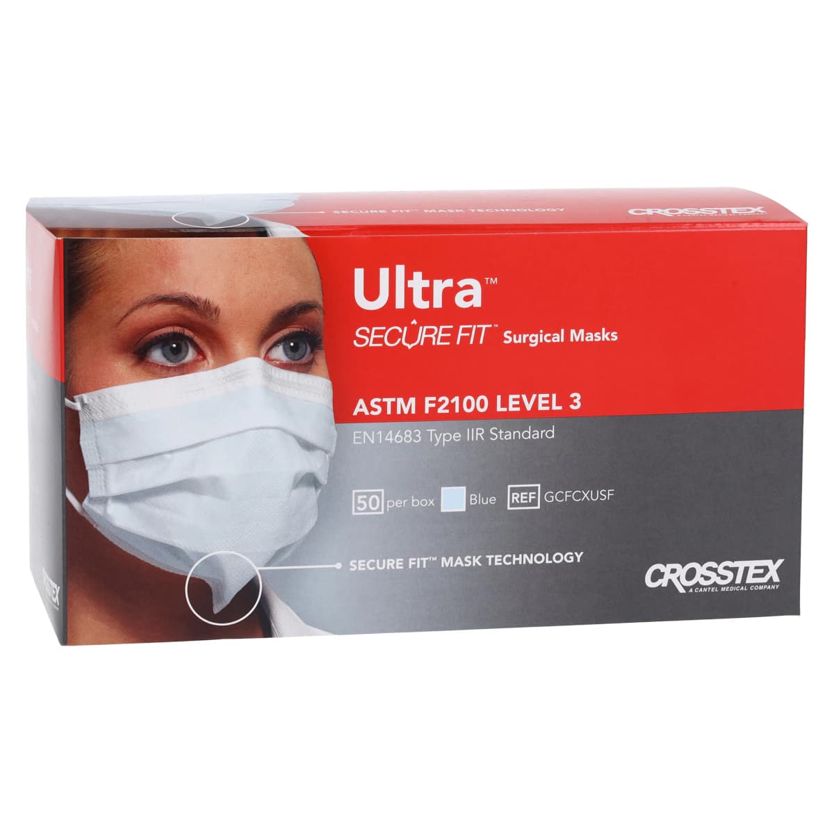 Crosstex Ultra SecureFit Earloop Surgical Face Mask, ASTM Level 3, Blue, 50/Box, GCFCXUSF thumbnail 4