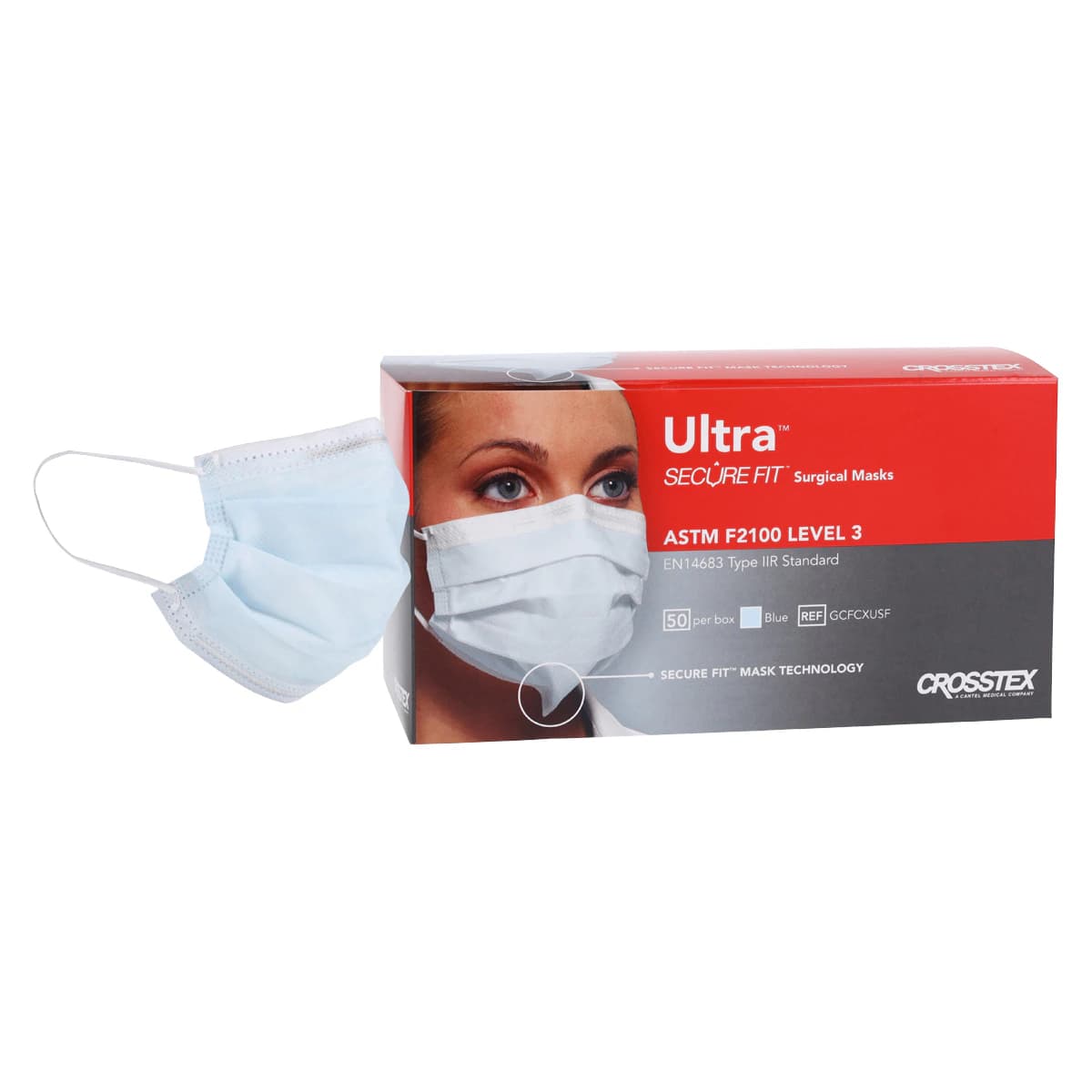 Crosstex Ultra SecureFit Earloop Surgical Face Mask, ASTM Level 3, Blue, 50/Box, GCFCXUSF thumbnail 2