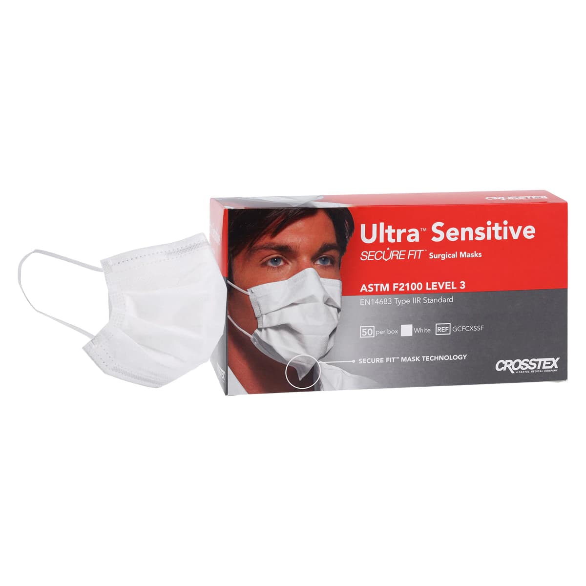 Crosstex Ultra Sensitive Earloop Mask with Secure Fit Technology, ASTM Level 3, White, 50/Box, GCFCXSSF - Ultra™ Sensitive Earloop Mask w/Secure Fit™ Surgical Face Mask ASTM Level 3 White Box of 50 - Image 1