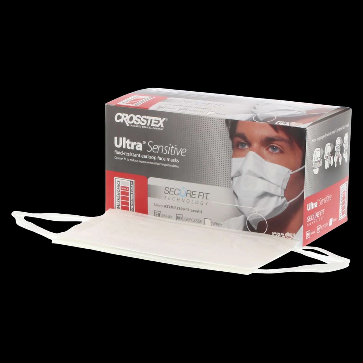 Crosstex Ultra Sensitive Earloop Mask with Secure Fit Technology, ASTM Level 3, White, 50/Box, GCFCXSSF thumbnail 2
