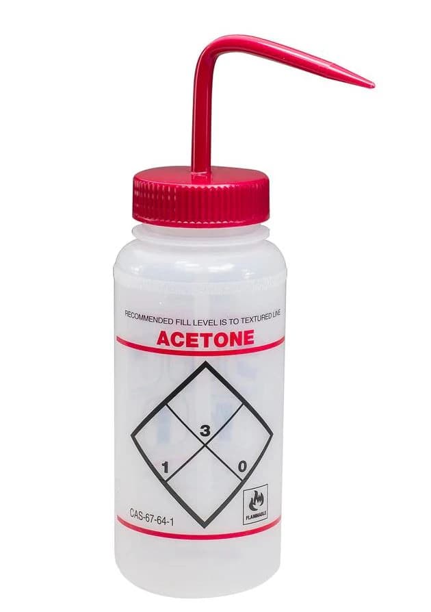 Bel-Art Products Acetone Wash Bottle, Polyethylene, Red Tip, Wide Mouth, 500mL, 6/Pack - Bottle Wash Label Acetone PP - Image 1