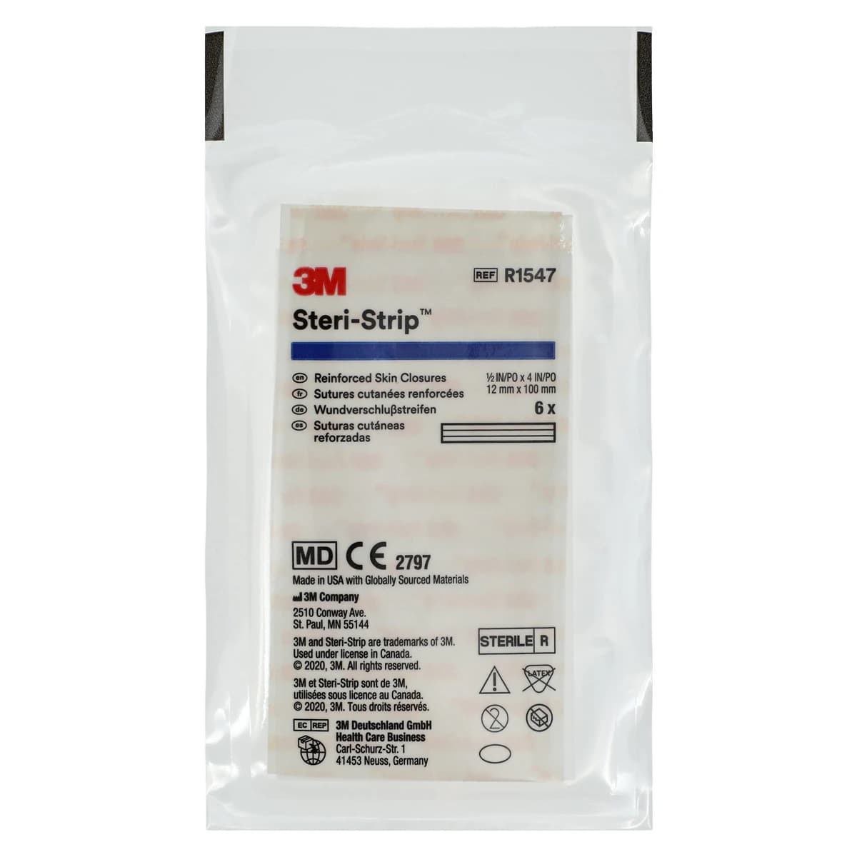 3M Steri-Strip Reinforced Adhesive Skin Closures, 1/2" x 4" (12mm x 100mm), 6 Strips per Envelope, 50 per Box, R1547 thumbnail 3