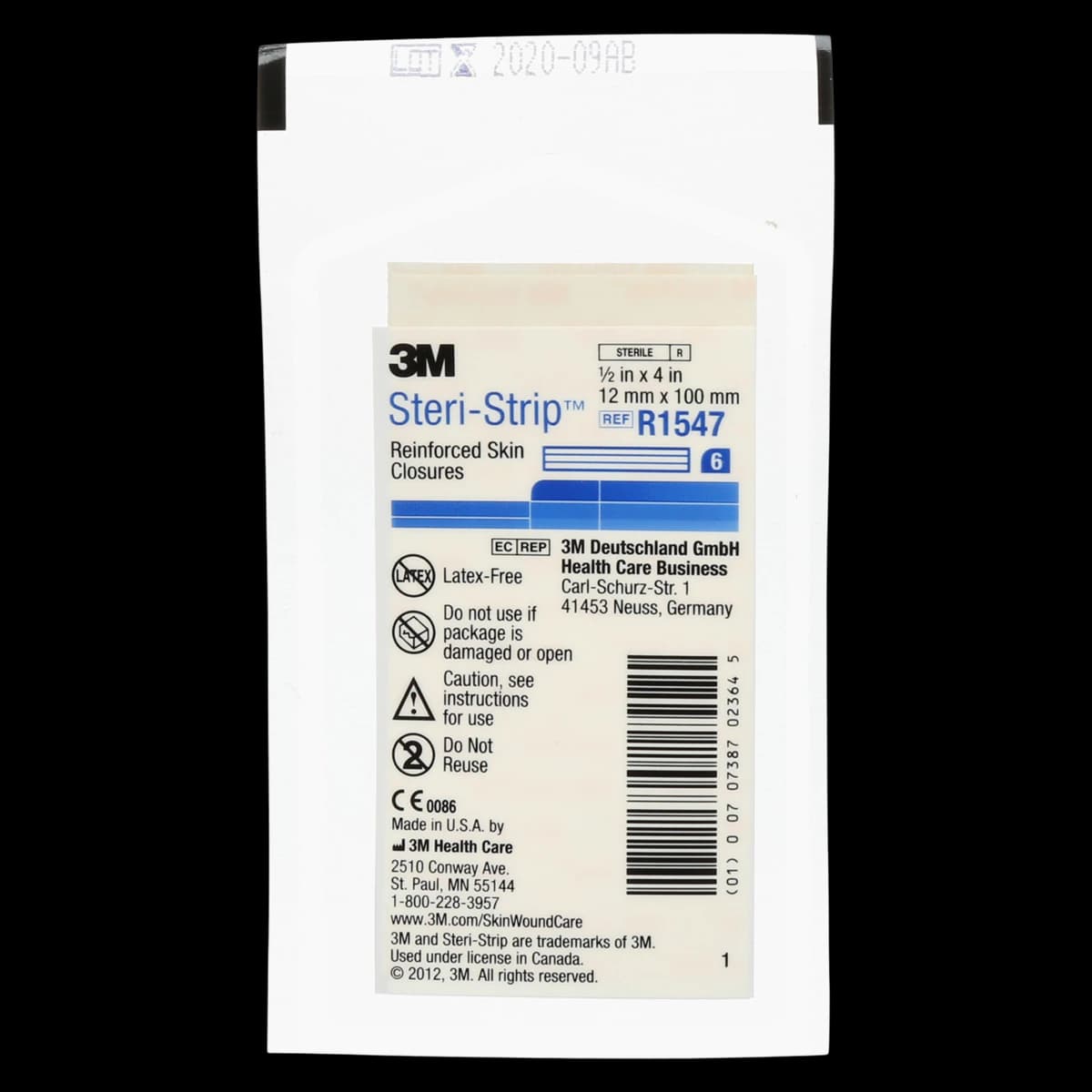 3M Steri-Strip Reinforced Adhesive Skin Closures, 1/2" x 4" (12mm x 100mm), 6 Strips per Envelope, 50 per Box, R1547 - 3M STERI-STRIP ADHESIVE SKIN CLOSURES R1547 - Image 1