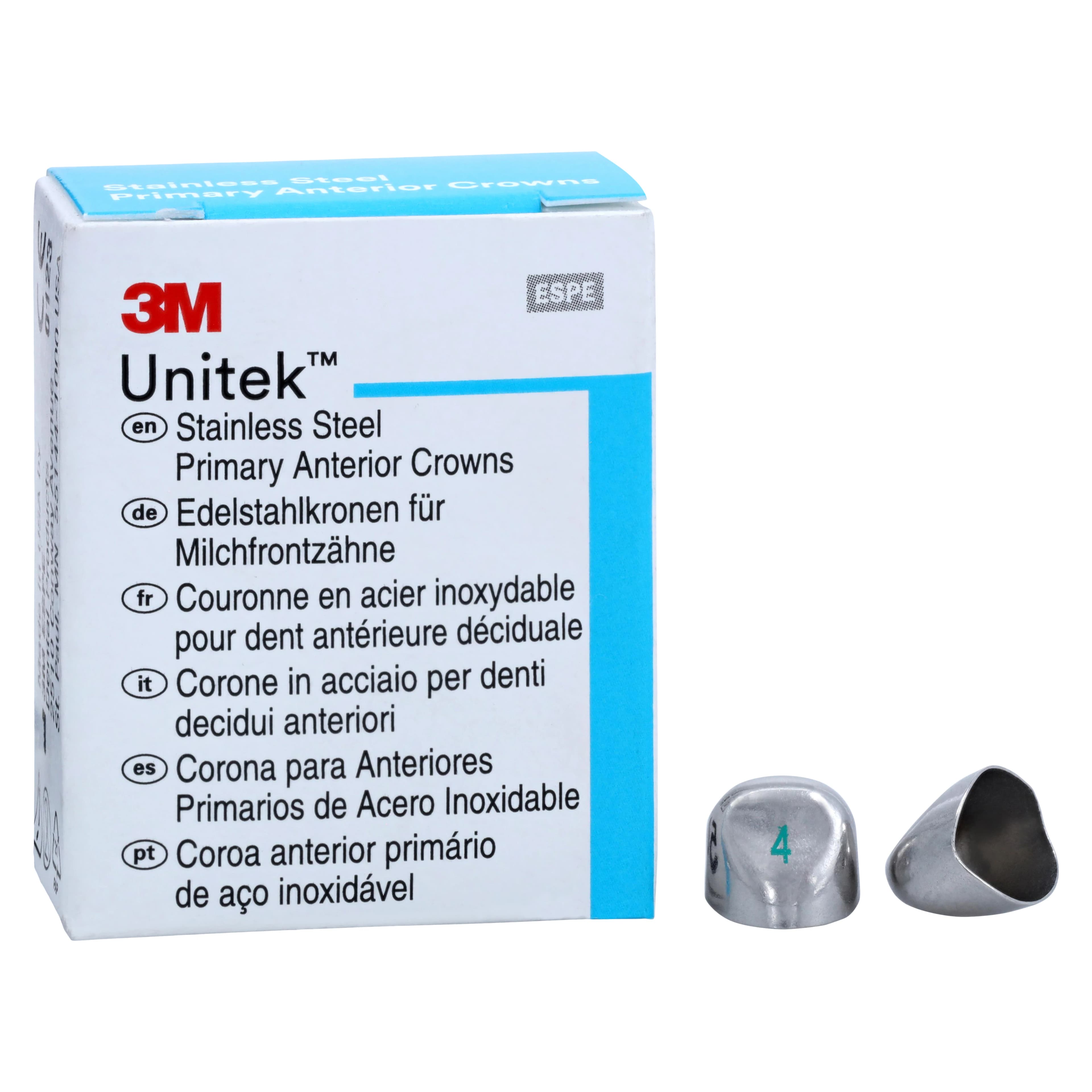3M Unitek Stainless Steel Primary Anterior Crowns, Upper Cuspid, Size 4U, 5/Box, 907044 - 3M Unitek Stainless Steel Primary Anterior Crowns Upper Cuspid Size 4 5Bx - Image 1