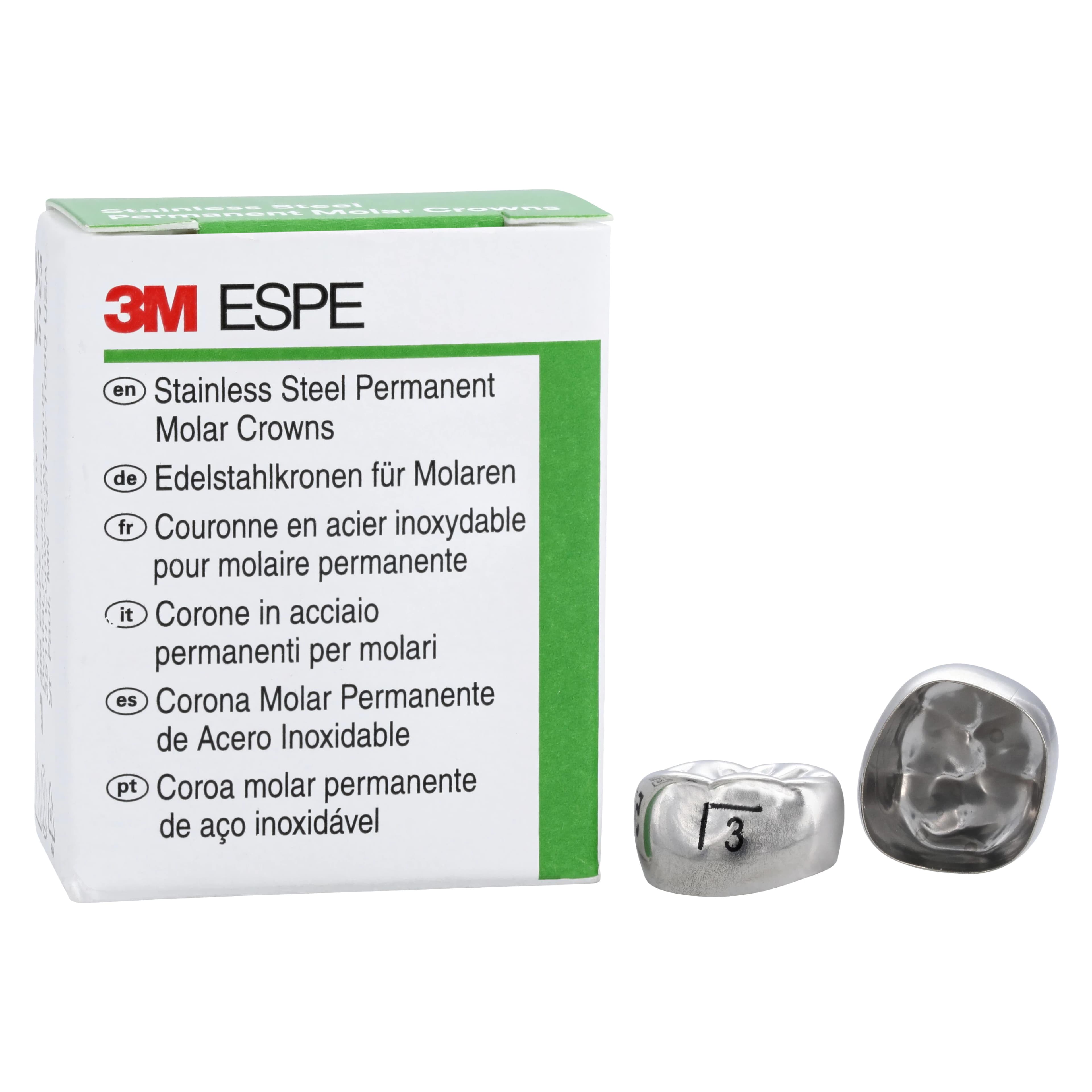 3M™ ESPE™ Stainless Steel Permanent Molar Crown, Size 6LL3 (Lower Left First Permanent Molar, Size 3), Box of 5, 6-LL-3 - 3M™ ESPE™ SS Crowns Size 6LL3 1st Permanent Molar Box of 5 - Image 1