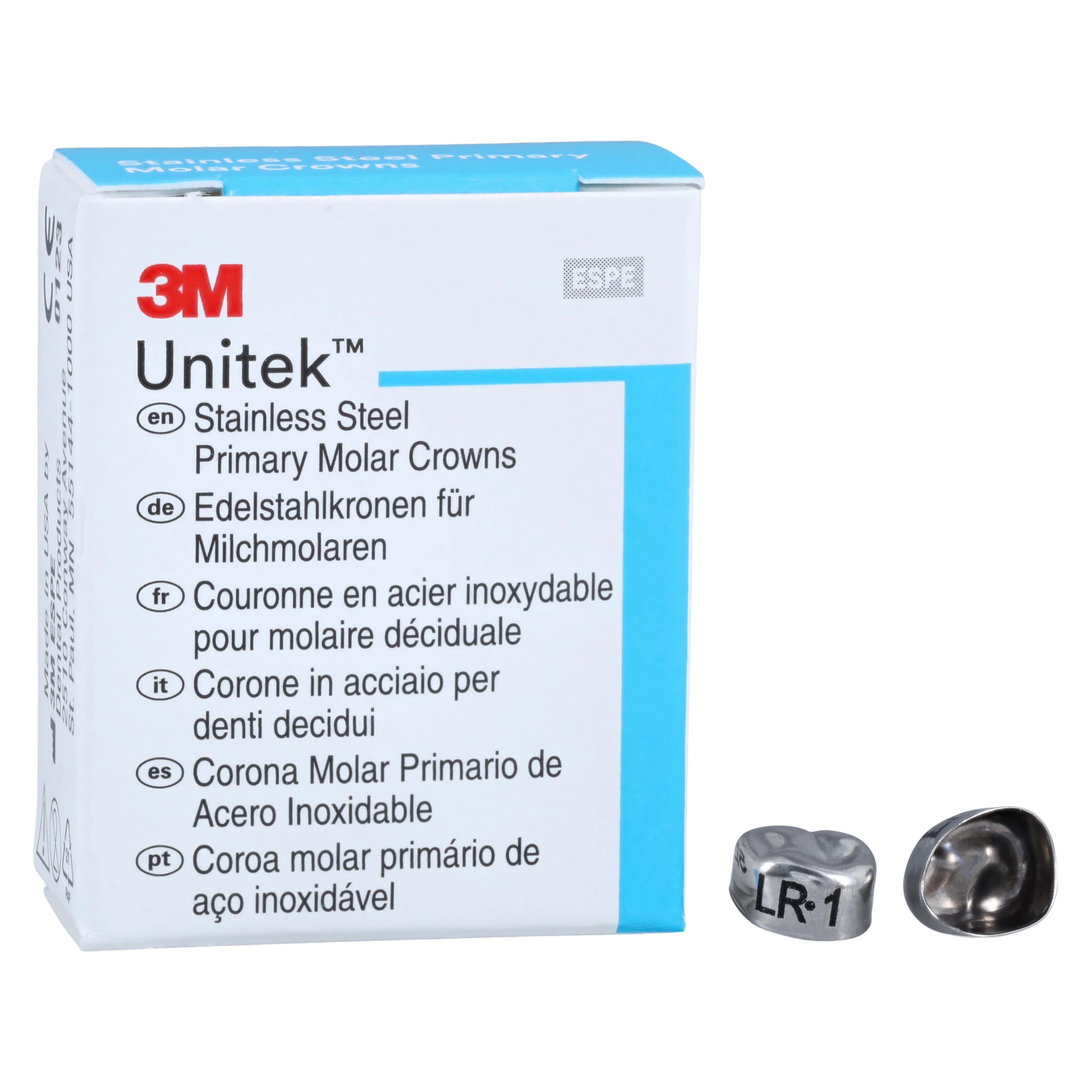 3M Unitek Stainless Steel Primary Molar Crowns, Lower Right First Molar, Size 1 (LR1), 5/Box, 900141 - 3M Unitek Stainless Steel Primary Molar Crowns Lower Right First Size 1 5Bx - Image 1