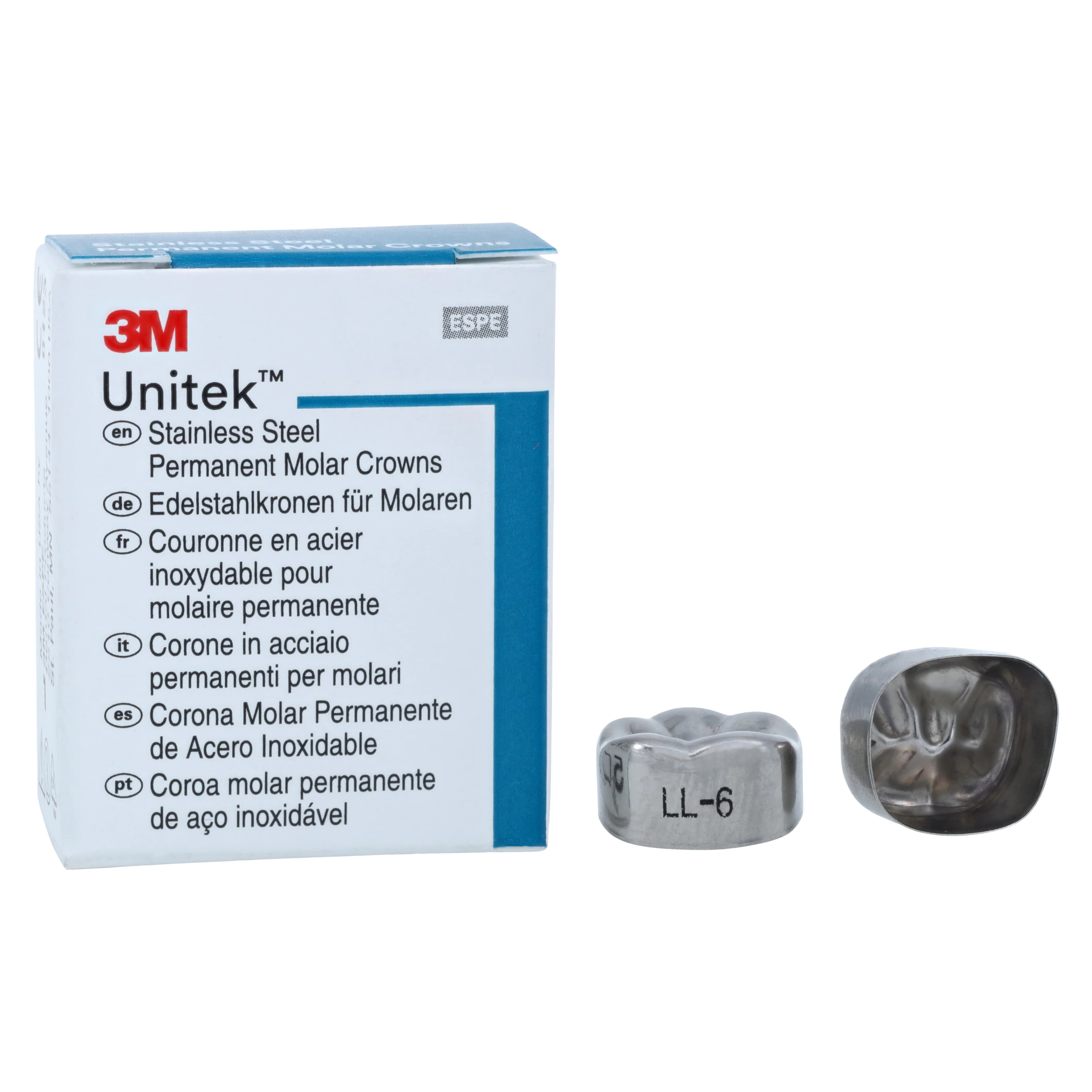 3M Unitek Stainless Steel Permanent Molar Crowns, Lower Left First Permanent Molar, Size 6 (LL6), 5/Box, 900336 - 3M Unitek SS Permanent Molar Crowns Lower Left First Permanent Molar Size 6 5Bx - Image 1