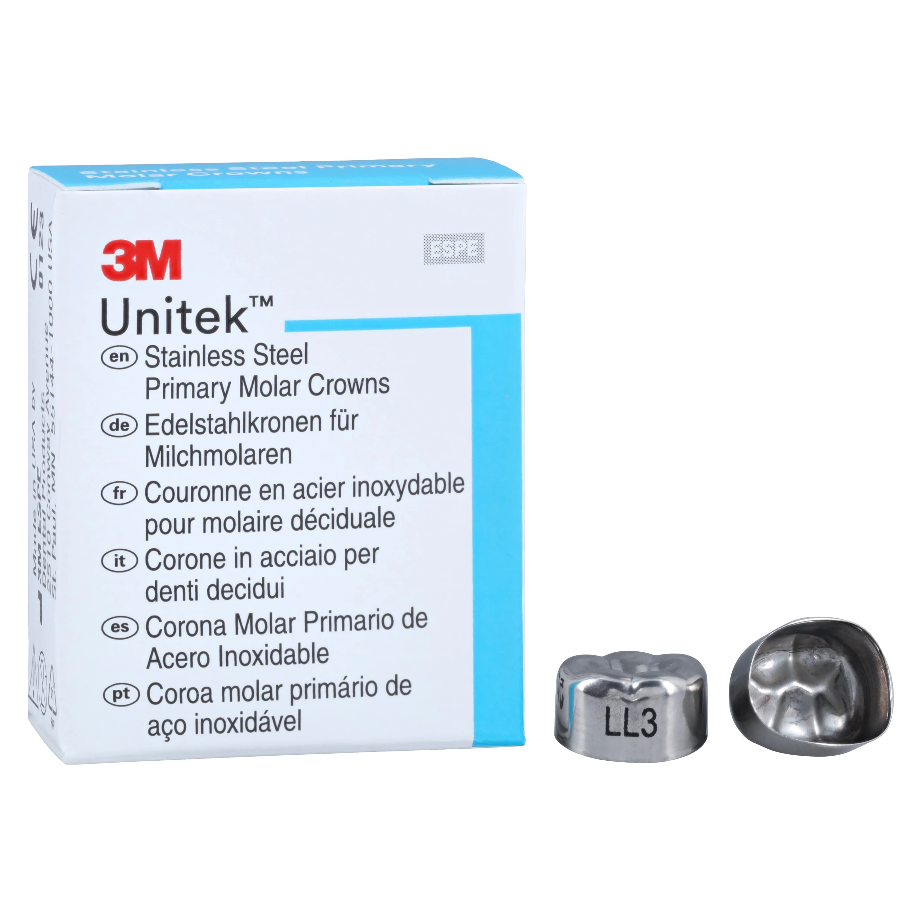 3M Unitek Stainless Steel Primary Molar Crowns, Lower Left Second Primary Molar, Size 3 (LL3), 5/Box, 900233 - 3M Unitek SS Primary Molar Crowns Lower Left Second Primary Molar Size 3 5Bx - Image 1