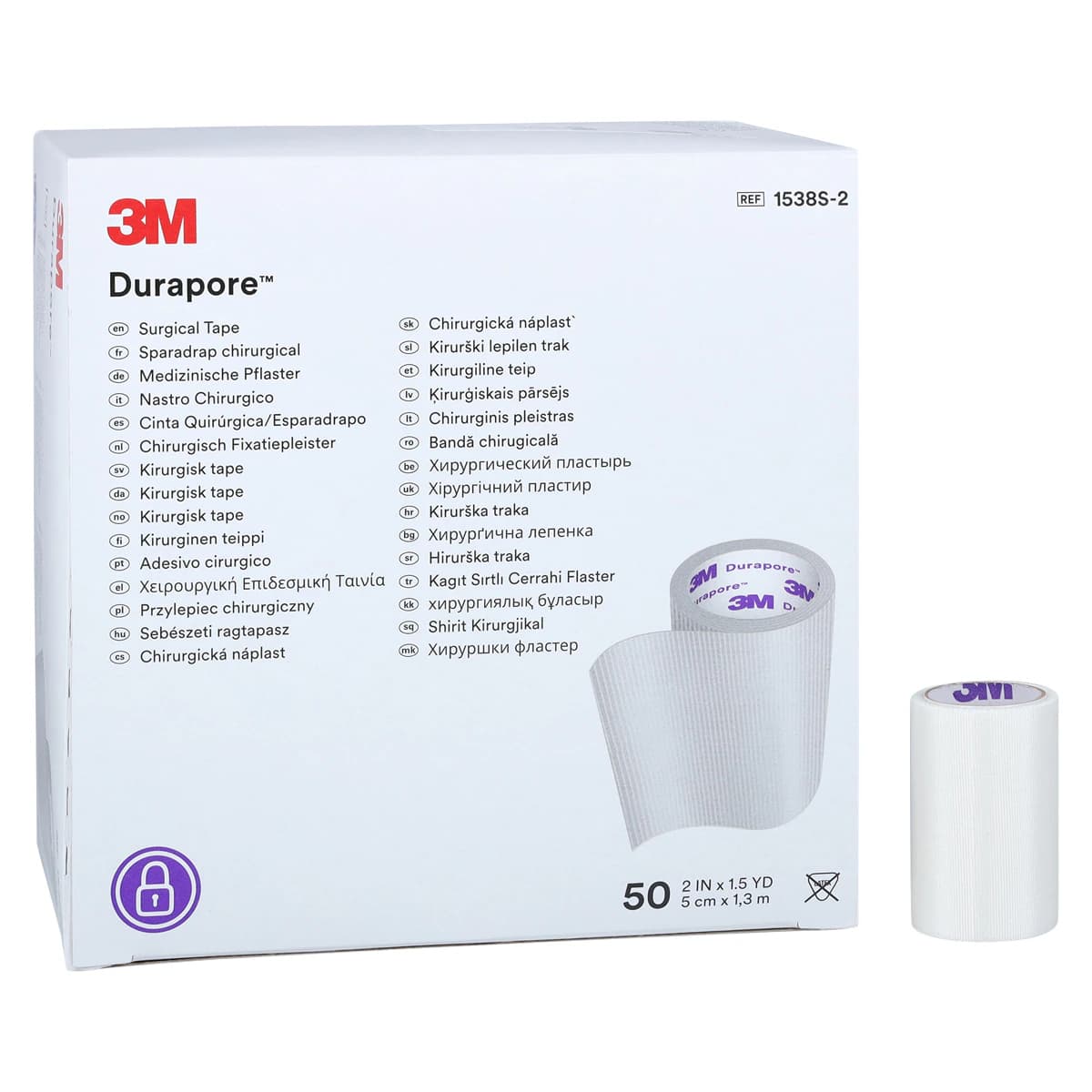 3M Durapore Surgical Tape, Silk-Like Cloth, 2" x 1.5 yd, White, Non-Sterile, 50/Box, 1538S-2 - 3M DURAPORE SURGICAL TAPE 1538S-2 - Image 1