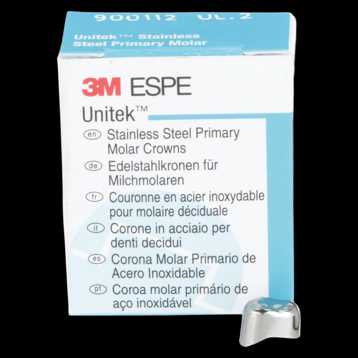 3M Unitek Stainless Steel Primary Molar Crown, Upper Left First Molar, Size 2 (UL2), 5/Box, 900112 - 3M Unitek Stainless Steel Primary Molar Crowns Upper Left First Size 2 5Bx - Image 1