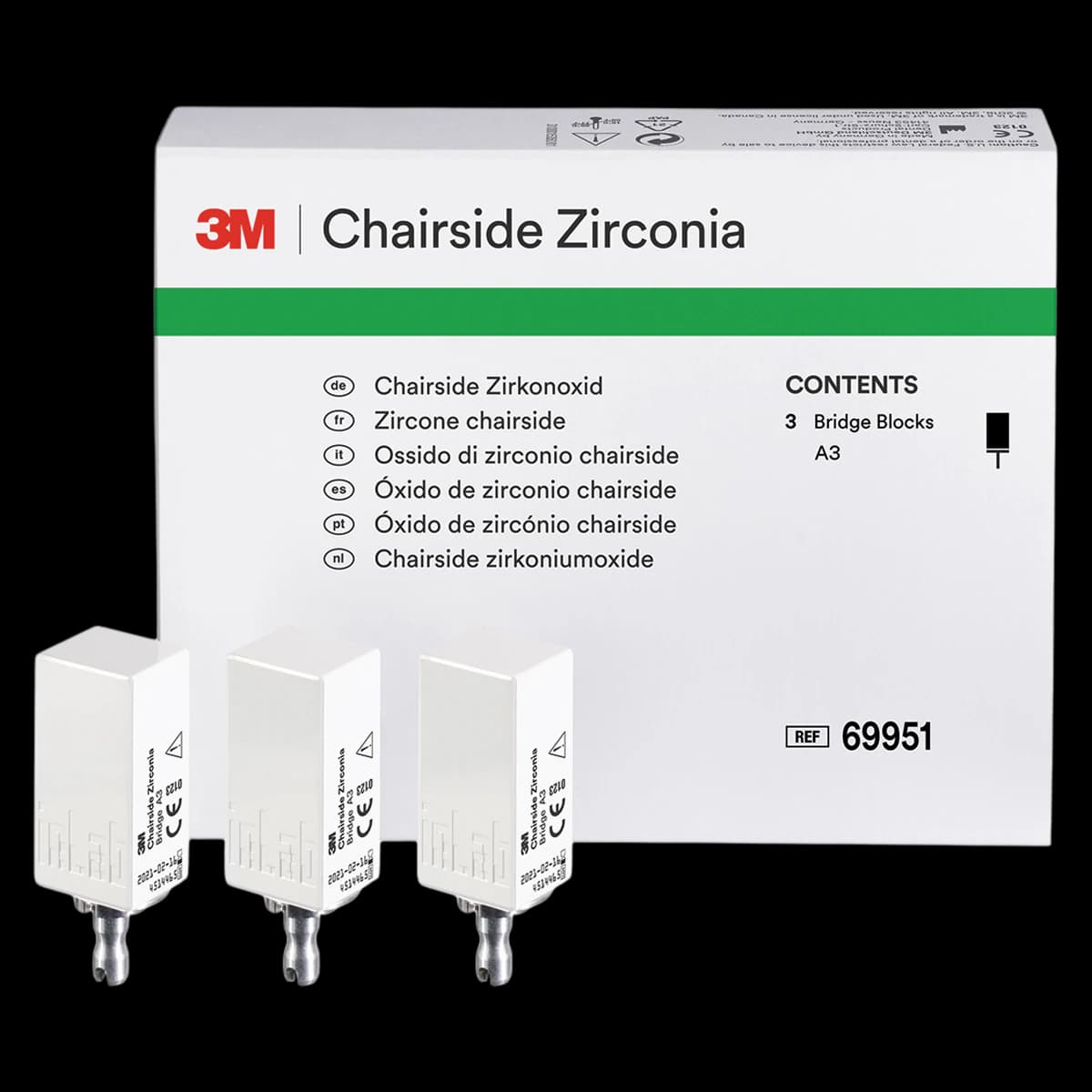Solventum Chairside Zirconia for CEREC Bridge Blocks, 39mm, Shade A3, 3/Pkg, 69951 - 3M&trade; Chairside Zirconia - CEREC Bridge Blocks 39mm - A3 - Image 1