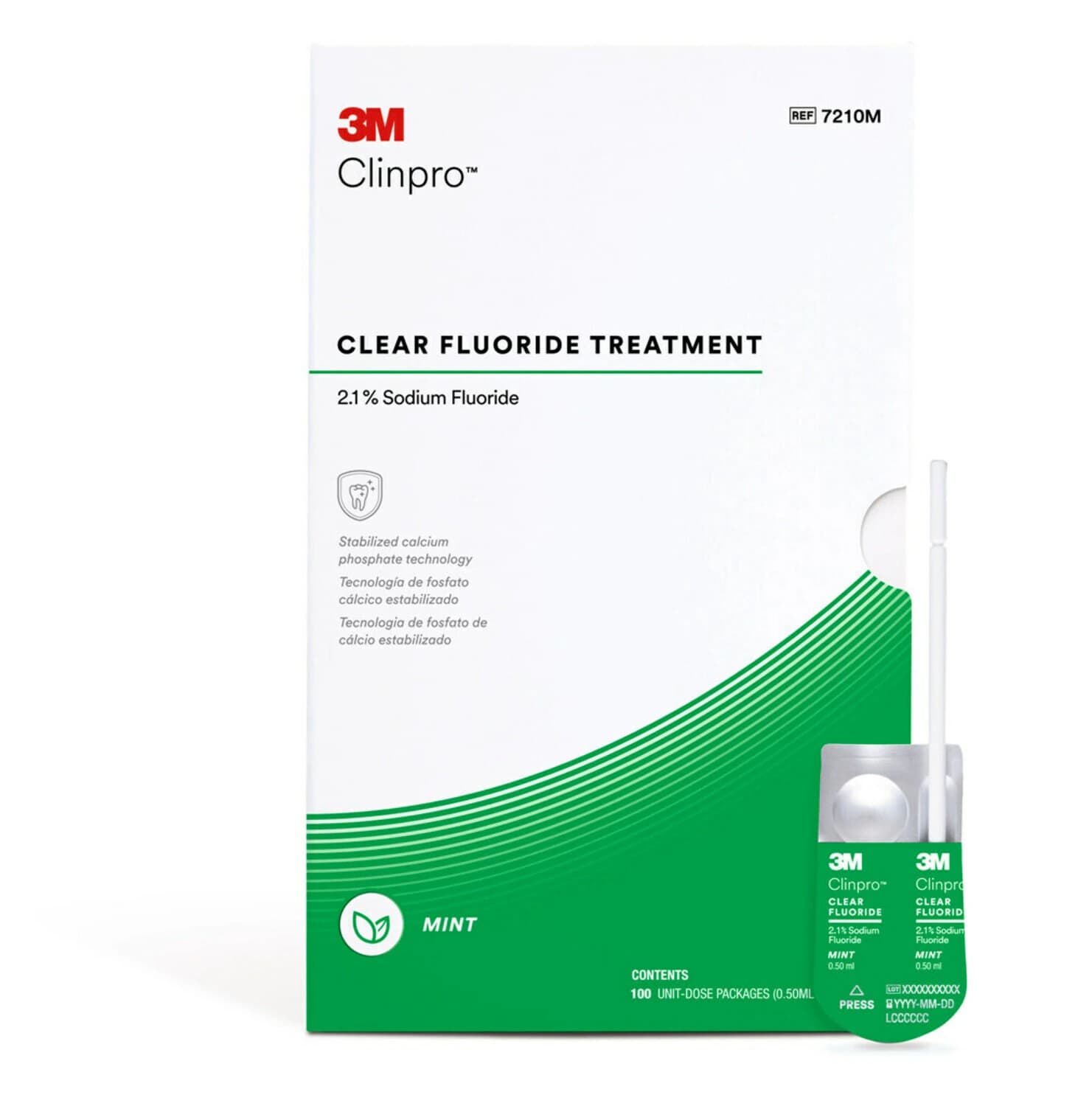 3M Clinpro Clear Fluoride Treatment Varnish, 2.1% Sodium Fluoride, 0.5 mL Unit Dose, Mint Flavor, 100/Pk, #7210M - Clinpro Clear Fluoride Treatment 0.5mL 100/Pk Mint - Image 1