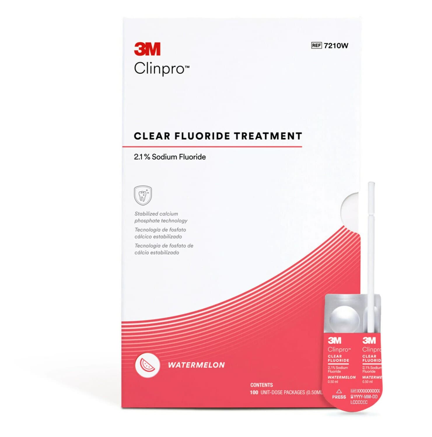 3M Clinpro Clear Fluoride Treatment Varnish, Watermelon Flavor, 0.5 mL Unit Dose, 2.1% Sodium Fluoride, 100/Pk, #7210W - Clinpro Clear Fluoride Treatment 0.5mL 100/Pk Watermelon - Image 1